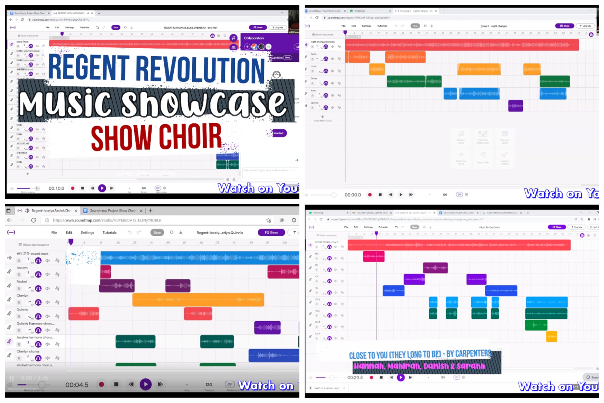 Four screenshots of Soundtrap music projects for Regent Revolution Music Showcase Show Choir with colorful audio tracks.