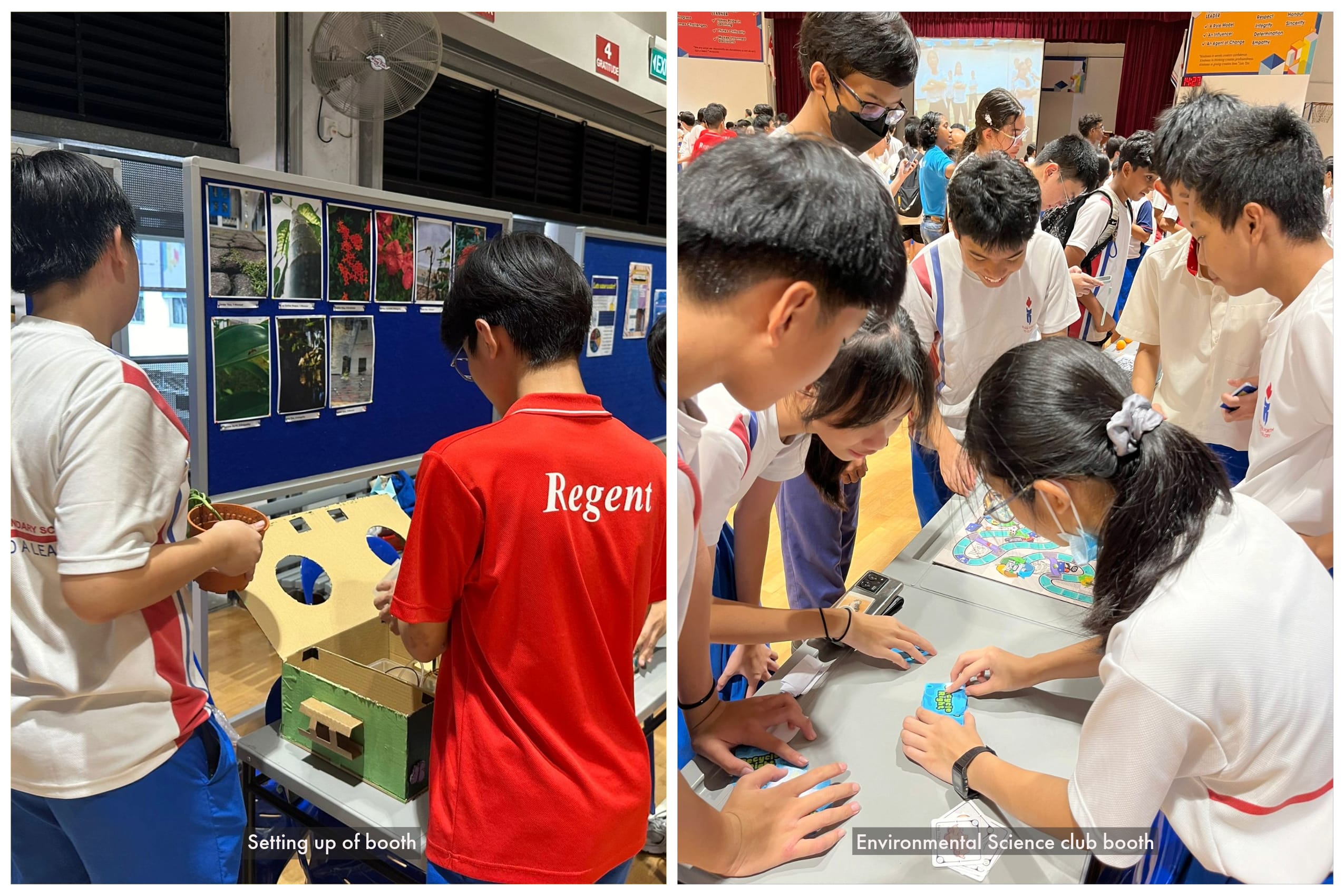 Students set up and interact at school Environmental Science club booths with displays and a board game.