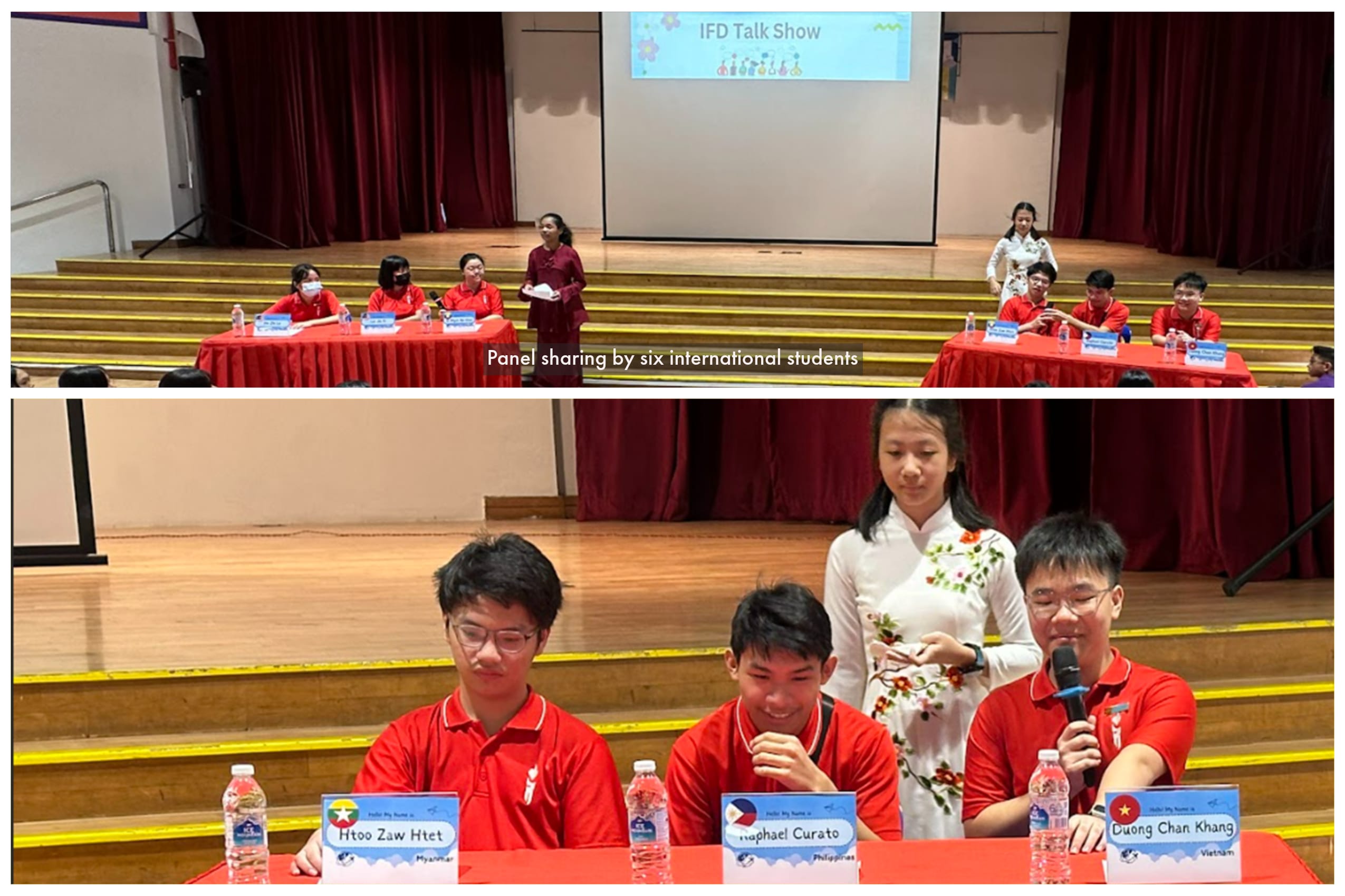 Six international students sit at red-draped tables on a school stage for an IFD Talk Show panel event.