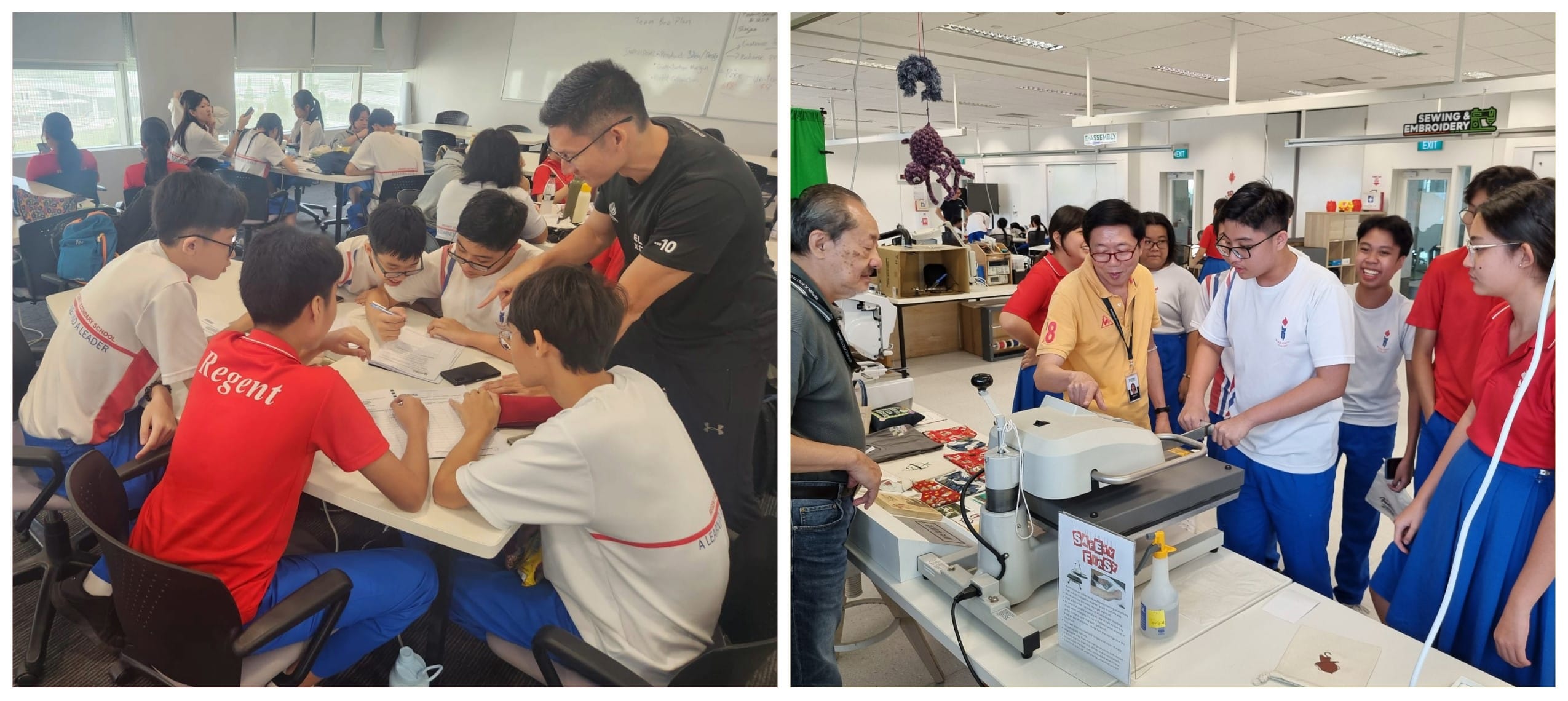 Students in school uniforms work with adults in two settings: a classroom and a sewing and embroidery workshop.