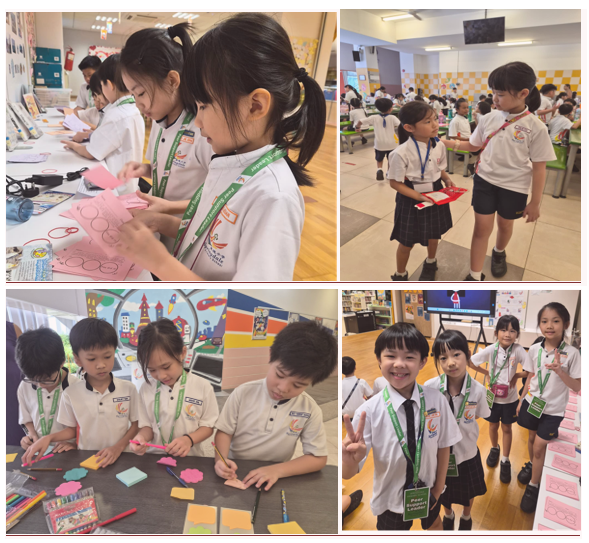 Young students in white uniforms with green lanyards doing craft activities and interacting in a colorful classroom.
