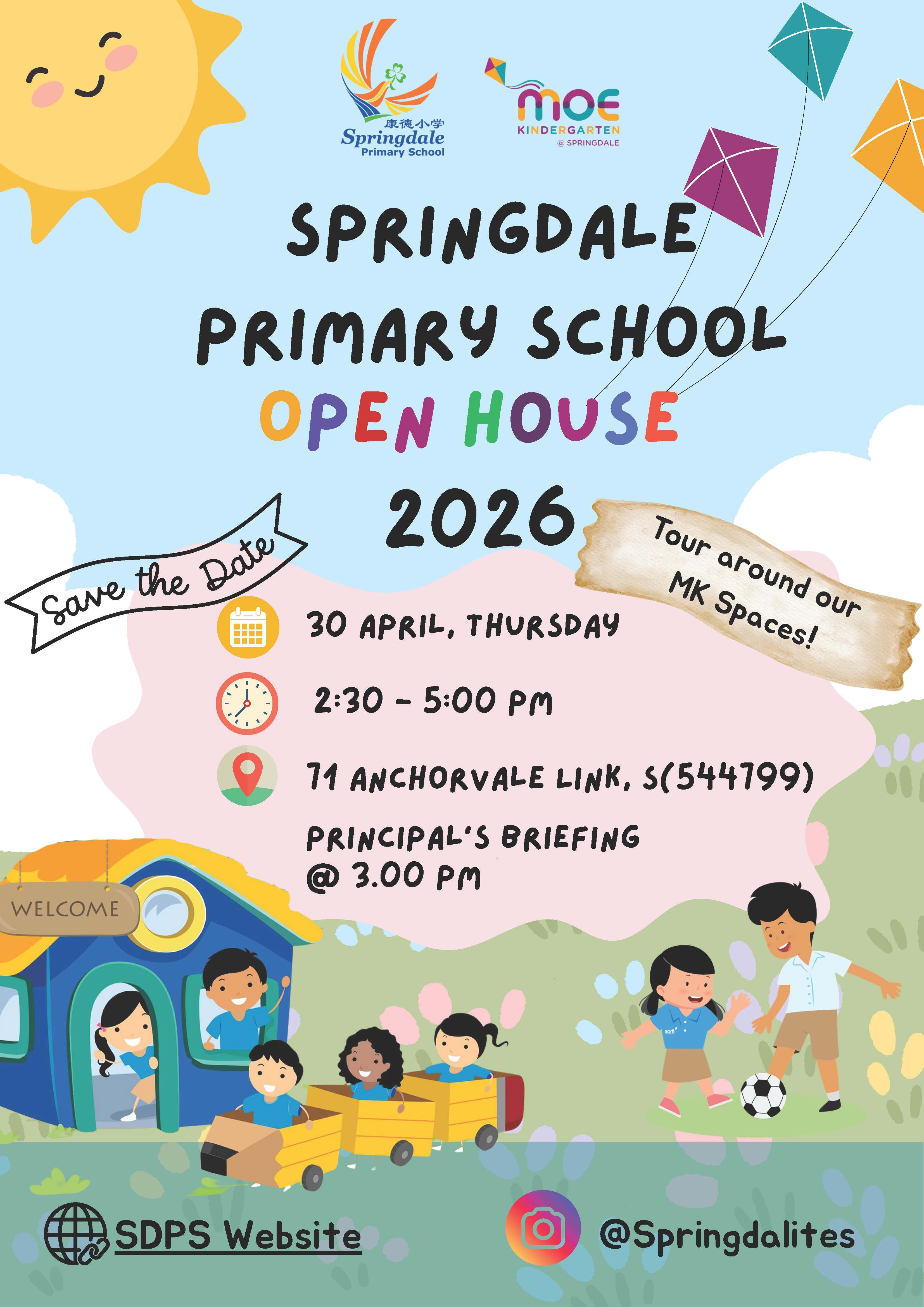 Springdale Primary School Open House 2026 flyer with date April 30, 2:30-5pm, cartoon children and kites.