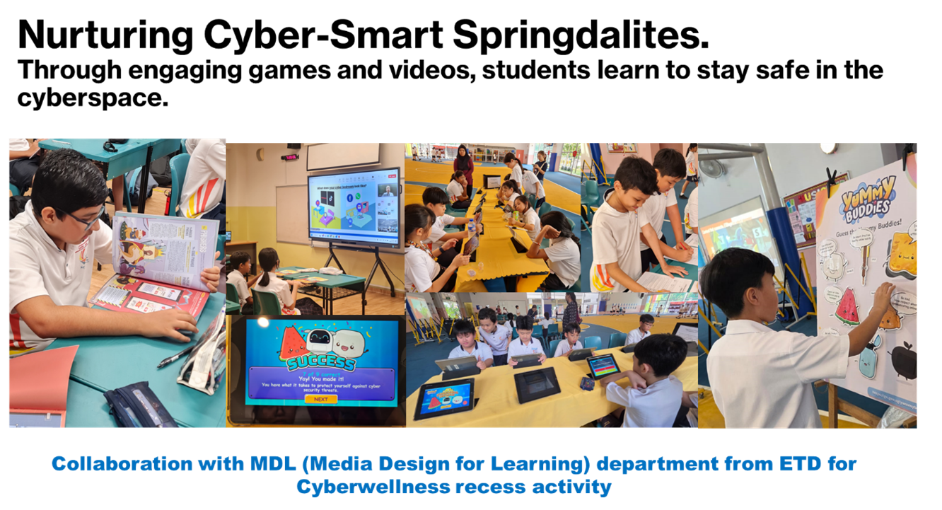 Students participate in cyberwellness activities using tablets, books, and interactive displays.