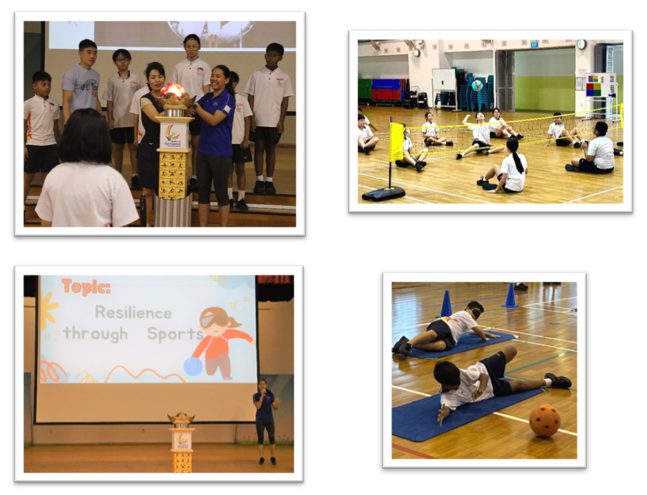 Four photos show students doing sitting volleyball, blindfolded floor exercises, and attending a Resilience through Sports talk.