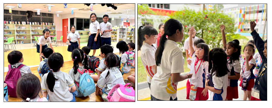 Two school scenes: children sitting in a library facing older students presenting, and kids raising hands outdoors.