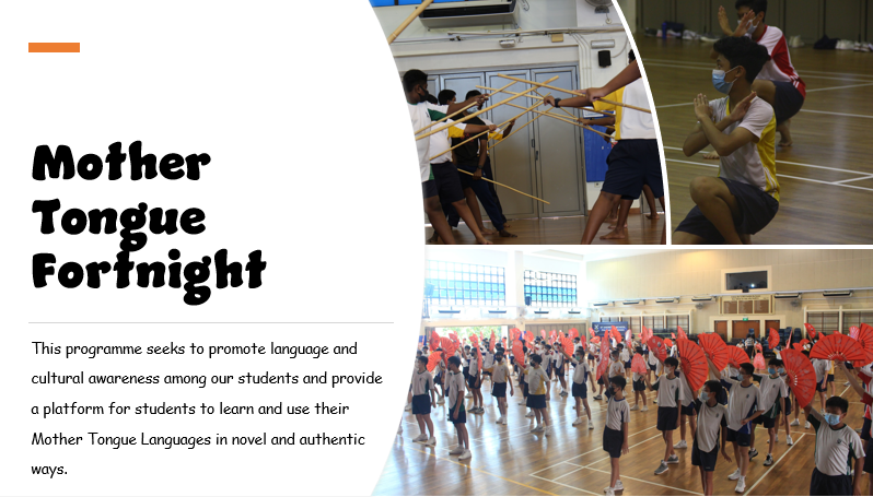 Flyer for Mother Tongue Fortnight showing students doing bamboo pole and fan dance activities in a school hall.
