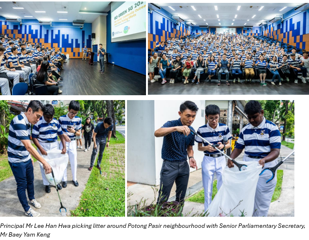 Students in blue-striped uniforms attend a Go Green SG 2024 event indoors and pick litter outdoors with school staff.