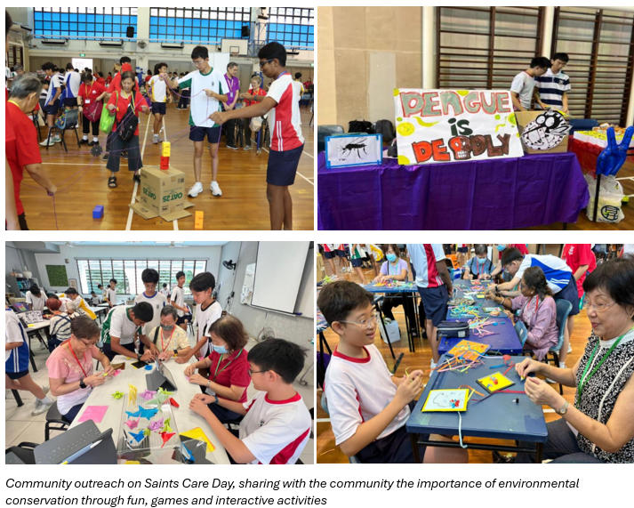 Four photos show students engaging elderly and community members in games and crafts.