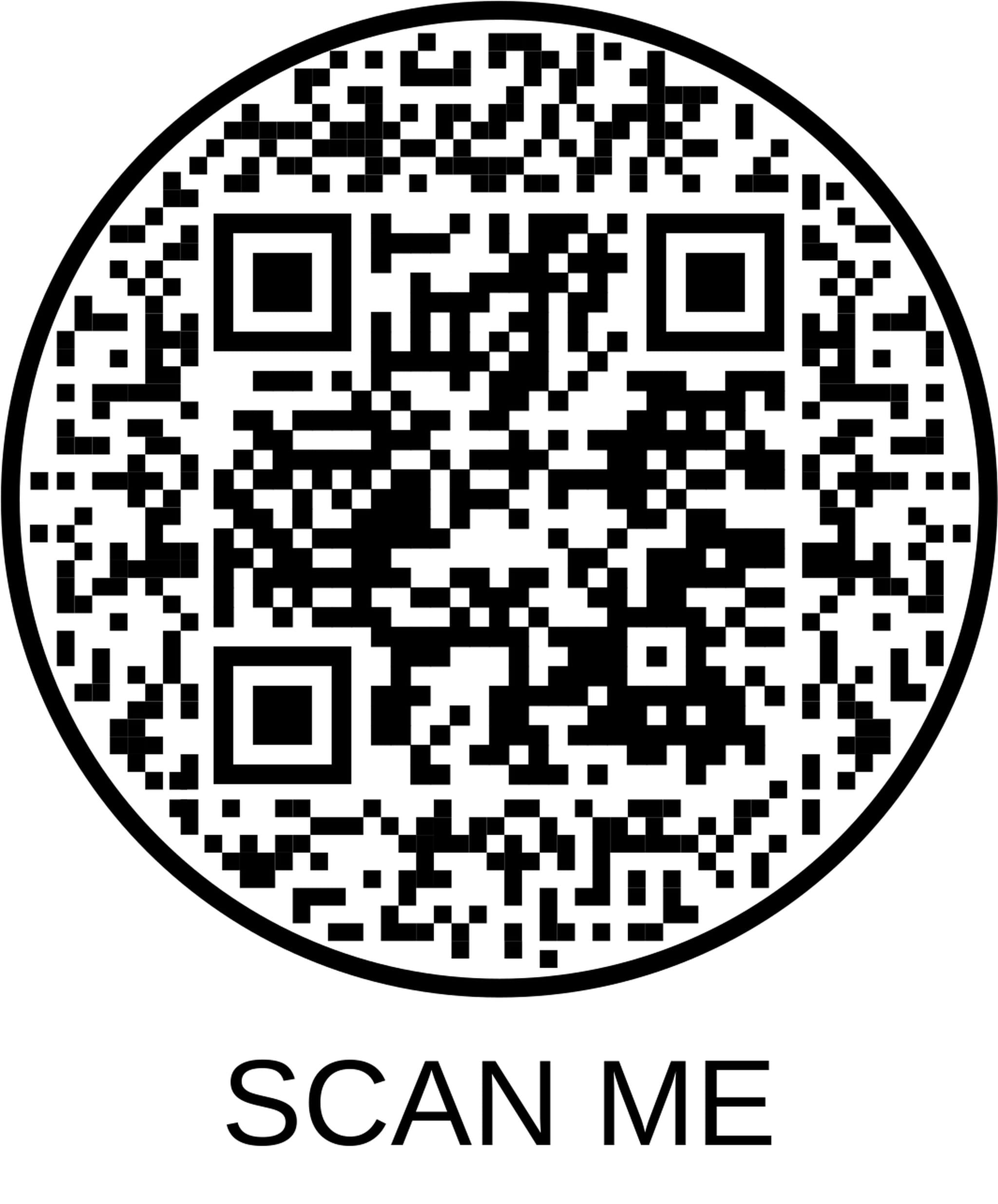 Black and white QR code inside a circle with the text SCAN ME below it.