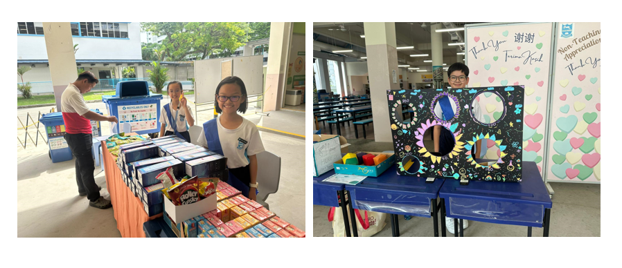 Two school event scenes: students at a snack booth outdoors, and a student with a decorated ring-toss board indoors.