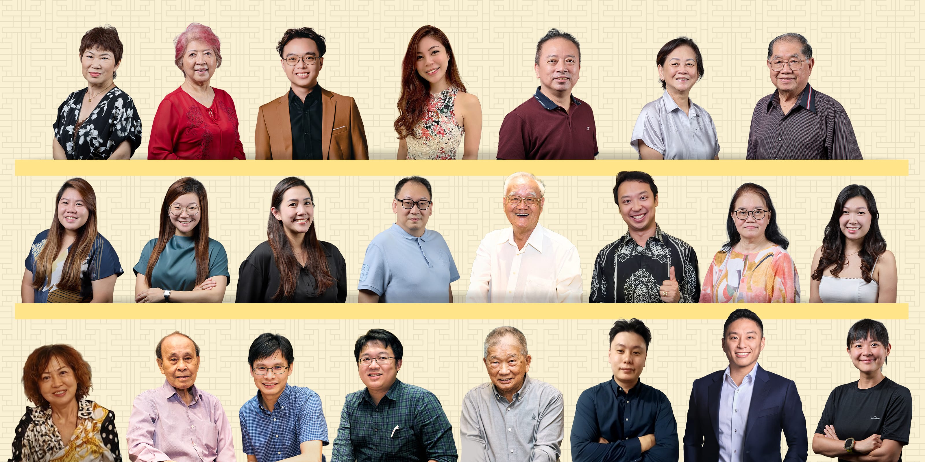 Group portrait of about 22 diverse Asian adults of varying ages arranged in three rows on a yellow background.