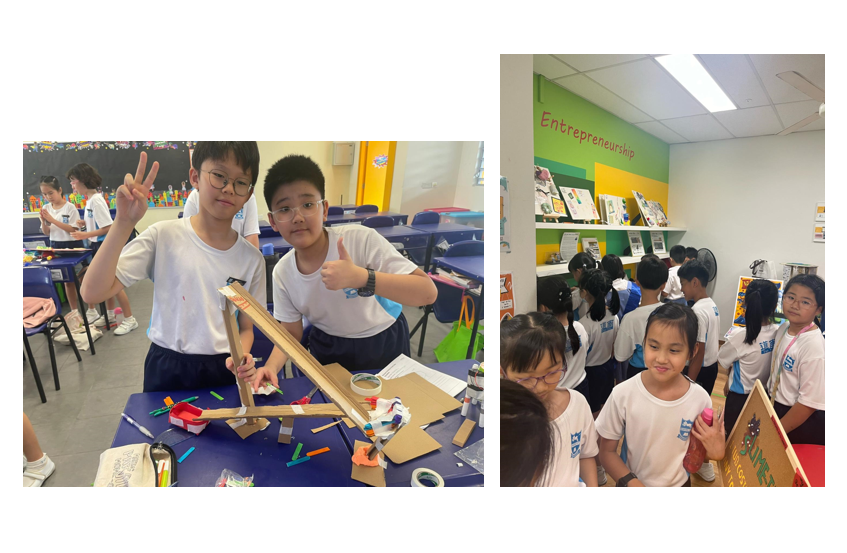 Two boys pose with a craft project in class; right photo shows students in a room labeled Entrepreneurship.