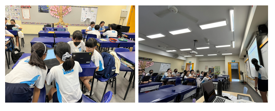Students in white uniforms sit at blue desks with laptops in two classroom scenes, one with a teacher at a whiteboard.