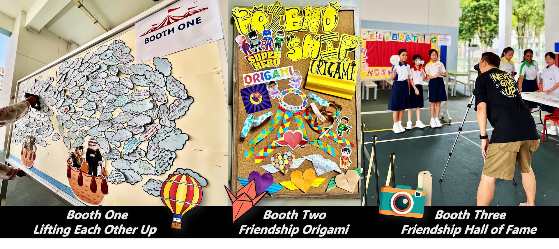 Three school event booths: a message cloud board, a friendship origami display, and students at a Friendship Hall of Fame booth.
