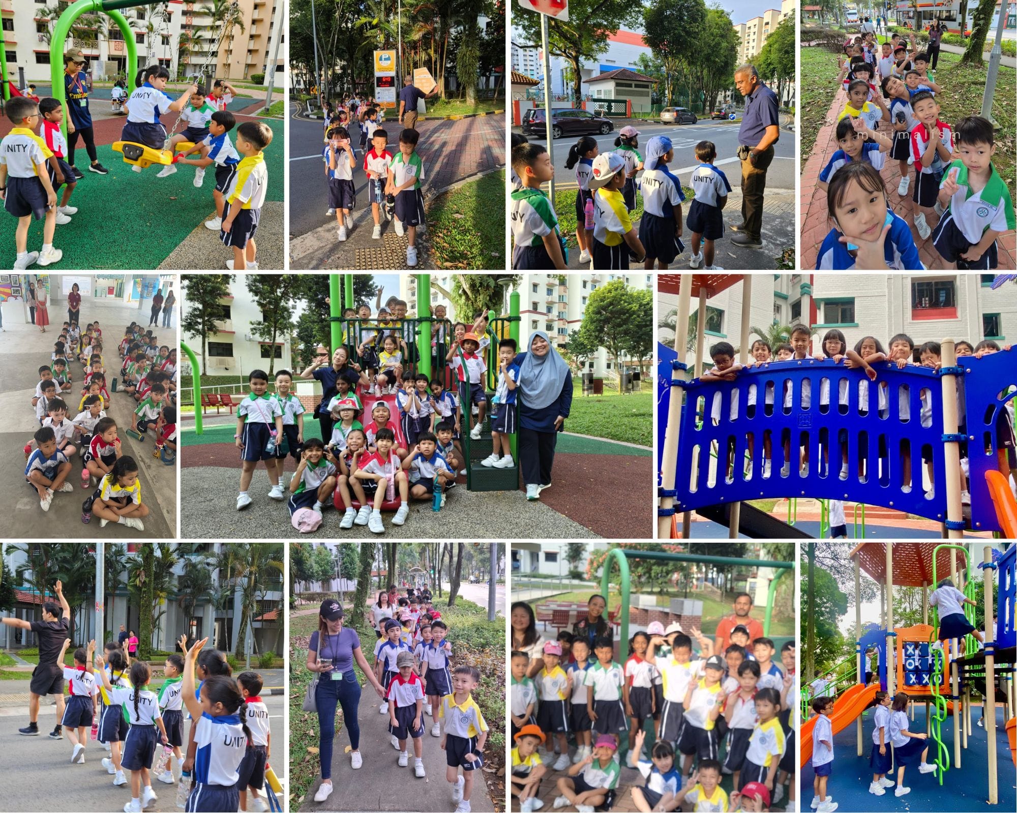Collage of young school children in uniforms walking, playing on playground equipment, and posing with teachers outdoors.