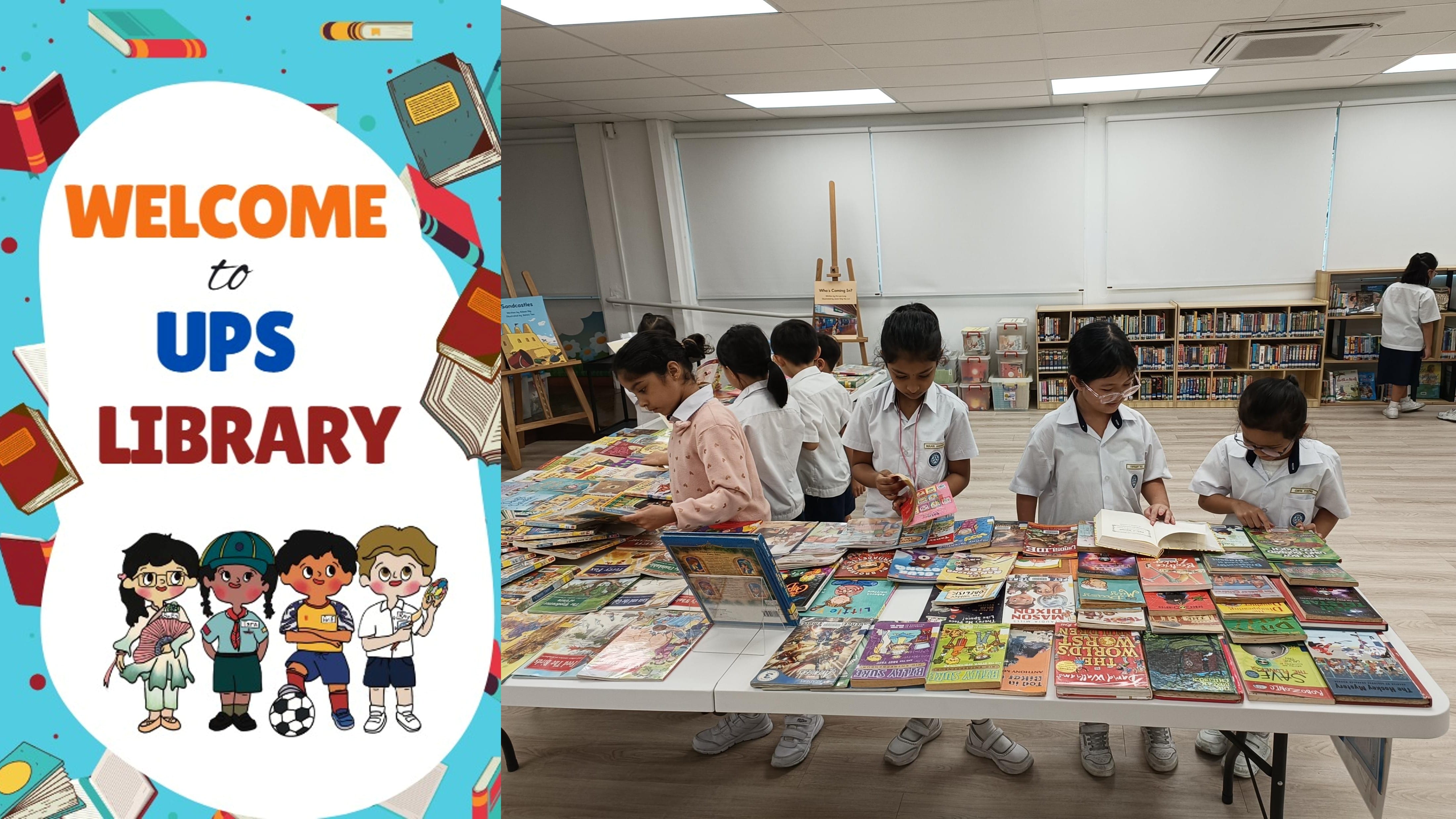 Students in uniforms browse books spread on a large table in the UPS Library.