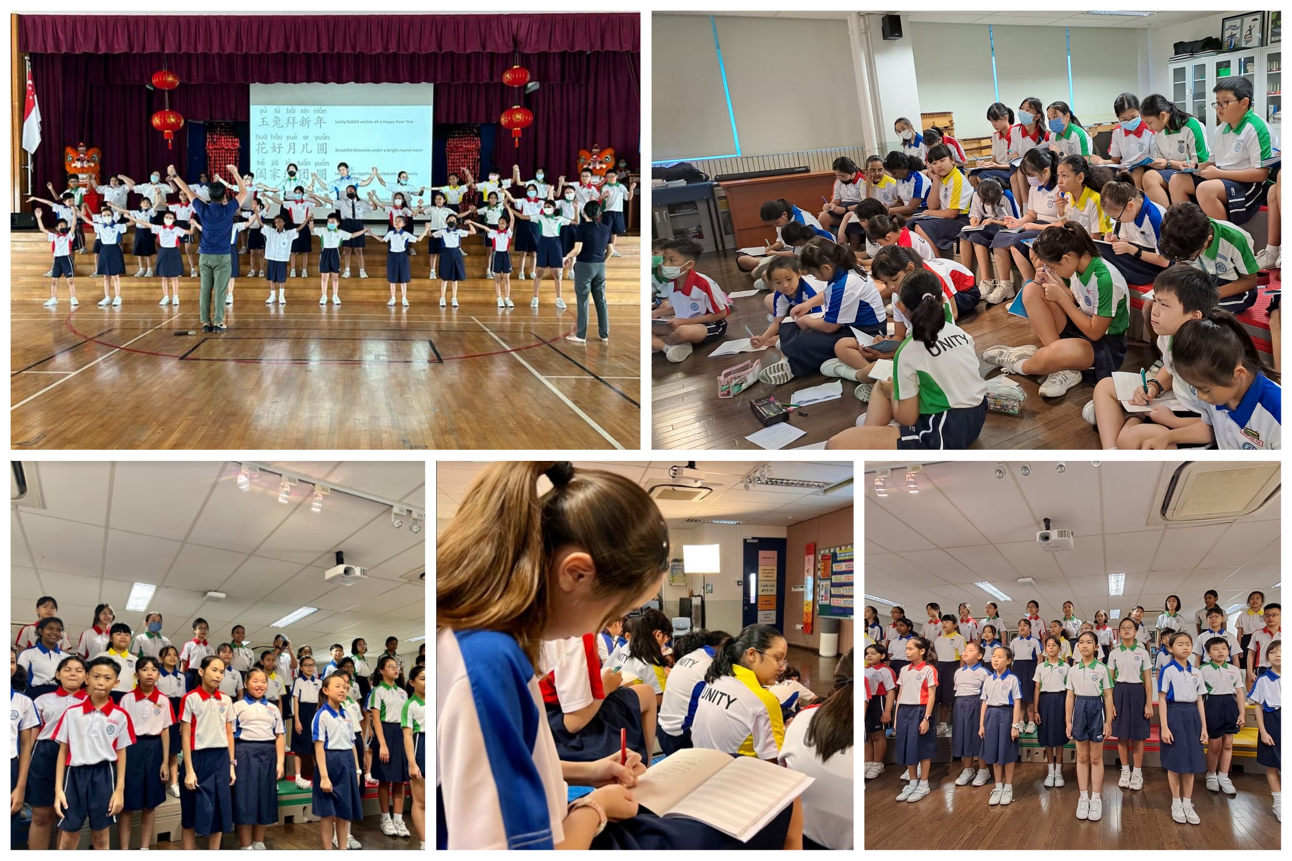 Collage of students rehearsing on stage, seated writing, and standing in rows singing in a classroom.