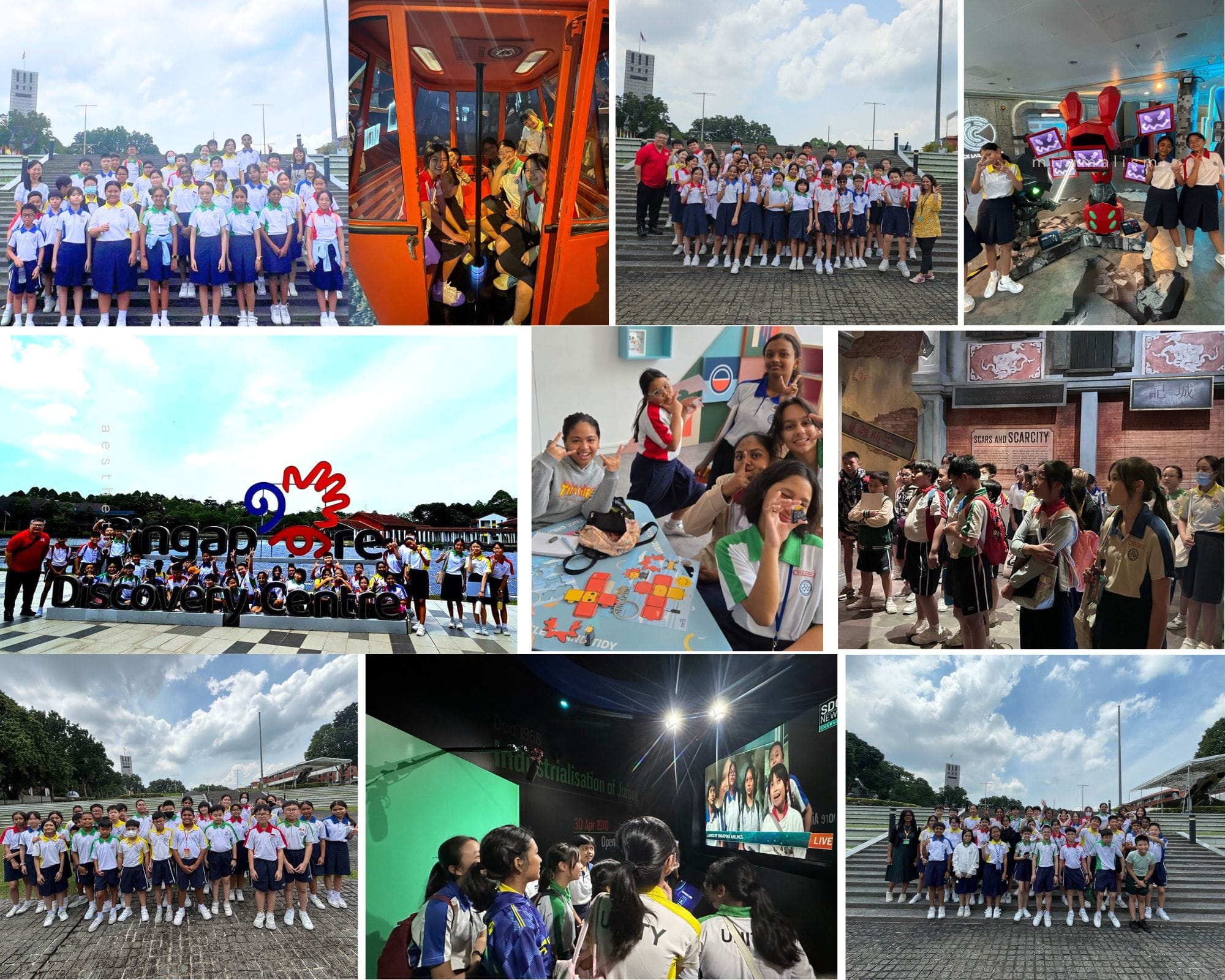 Collage of school students on a field trip at Singapore Discovery Centre, posing and exploring exhibits.