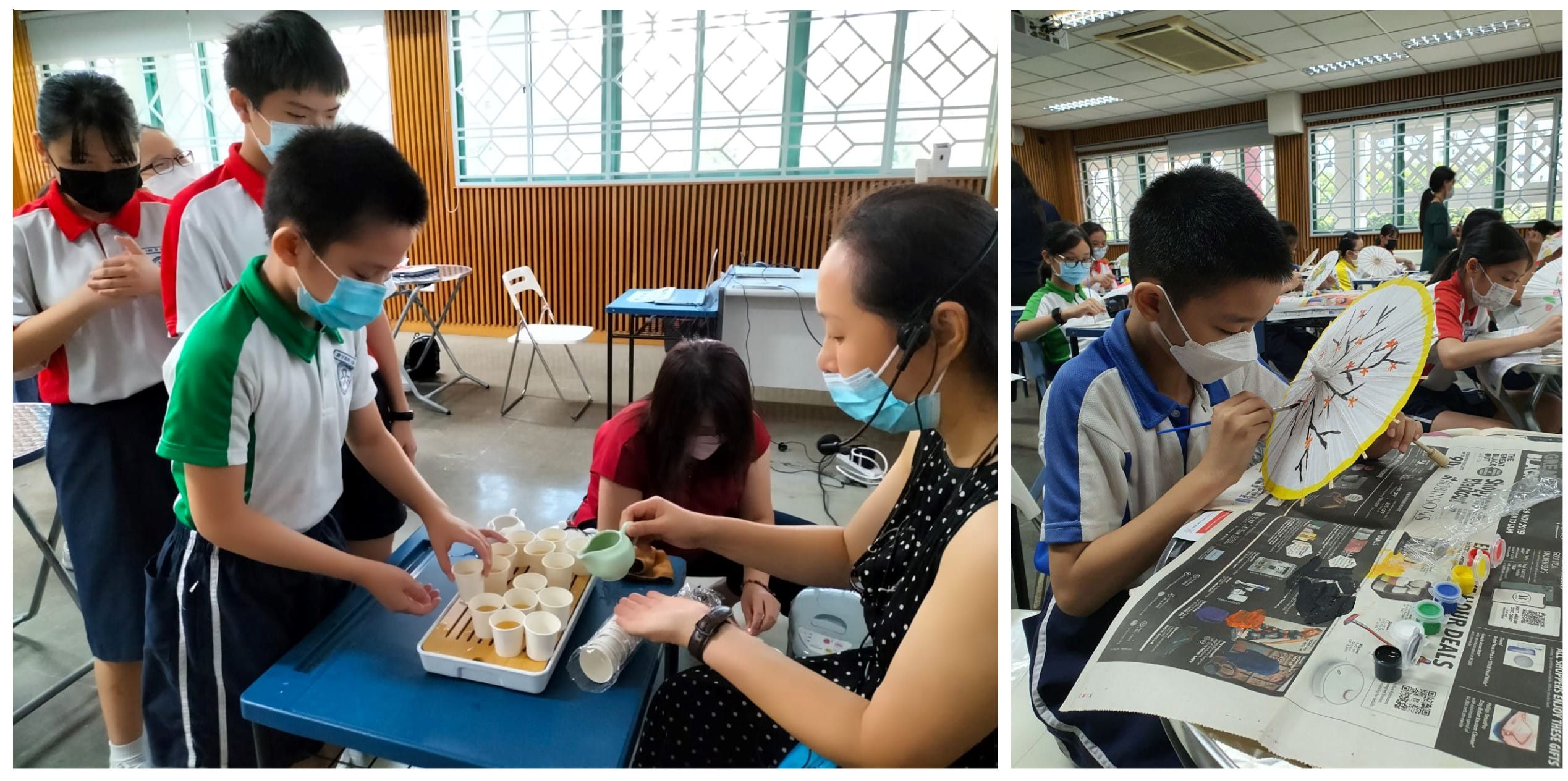 Students wearing masks participate in a tea ceremony activity and paint traditional parasols in a classroom setting.