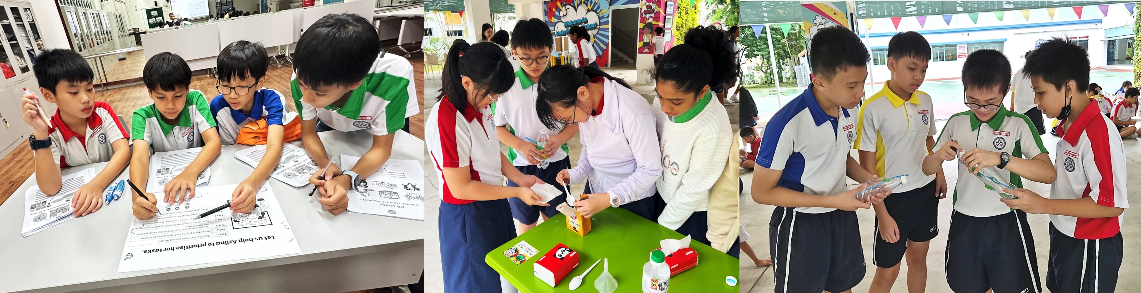 Three groups of uniformed students doing hands-on activities: writing worksheets, conducting an experiment, and examining materials.