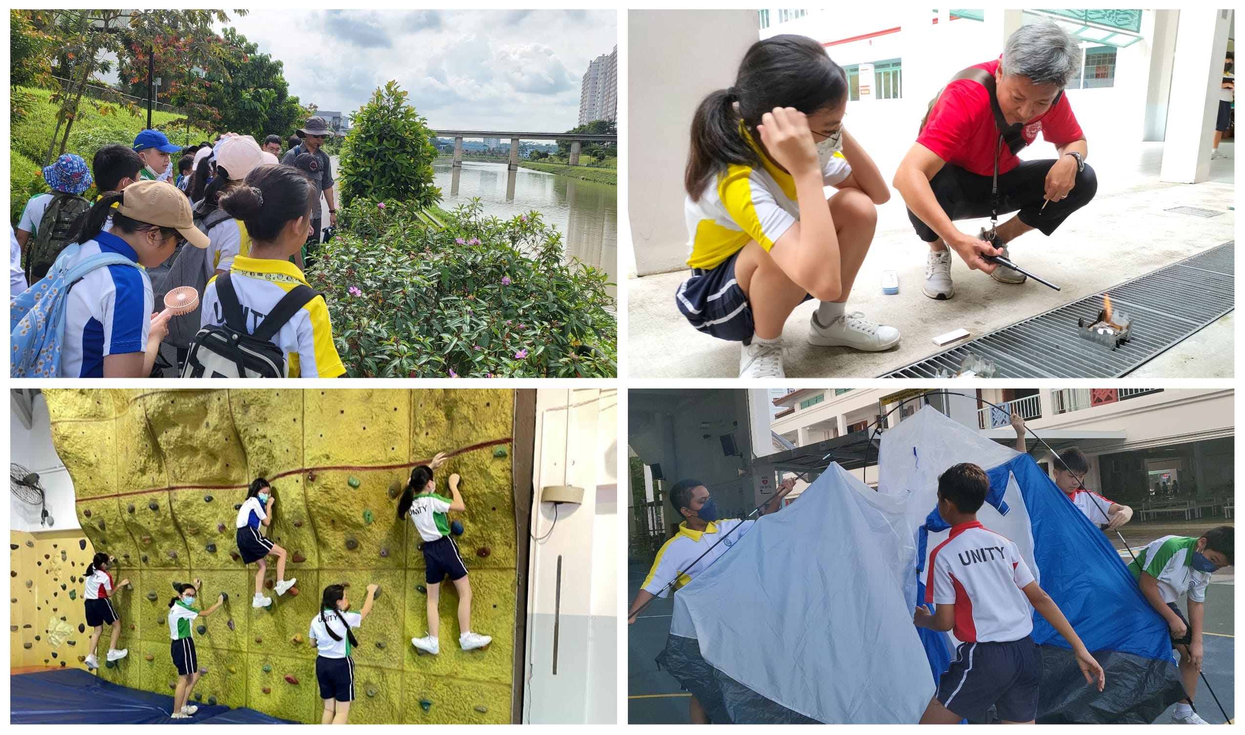 Four scenes of students in Unity uniforms doing outdoor activities: nature walk, fire starting, wall climbing, and tent pitching.