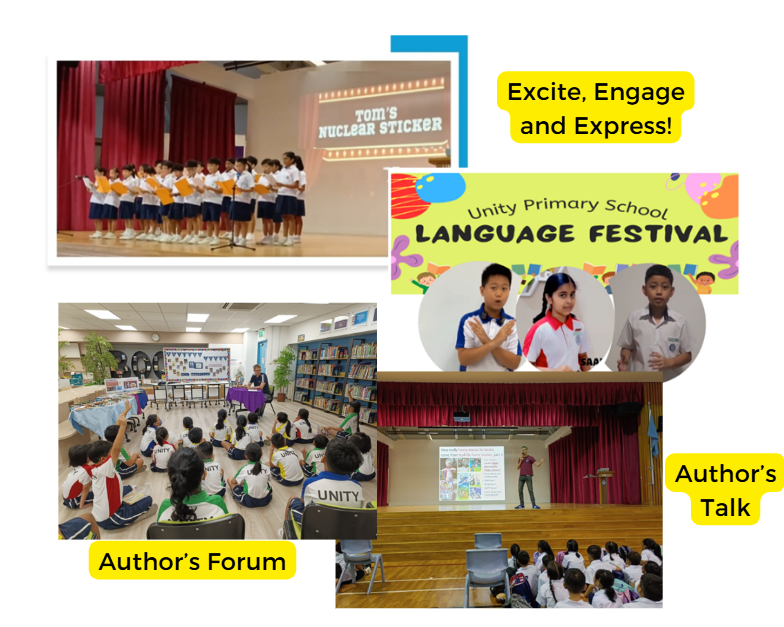 Collage of Unity Primary School Language Festival events showing students performing, presenting, and attending author talks.