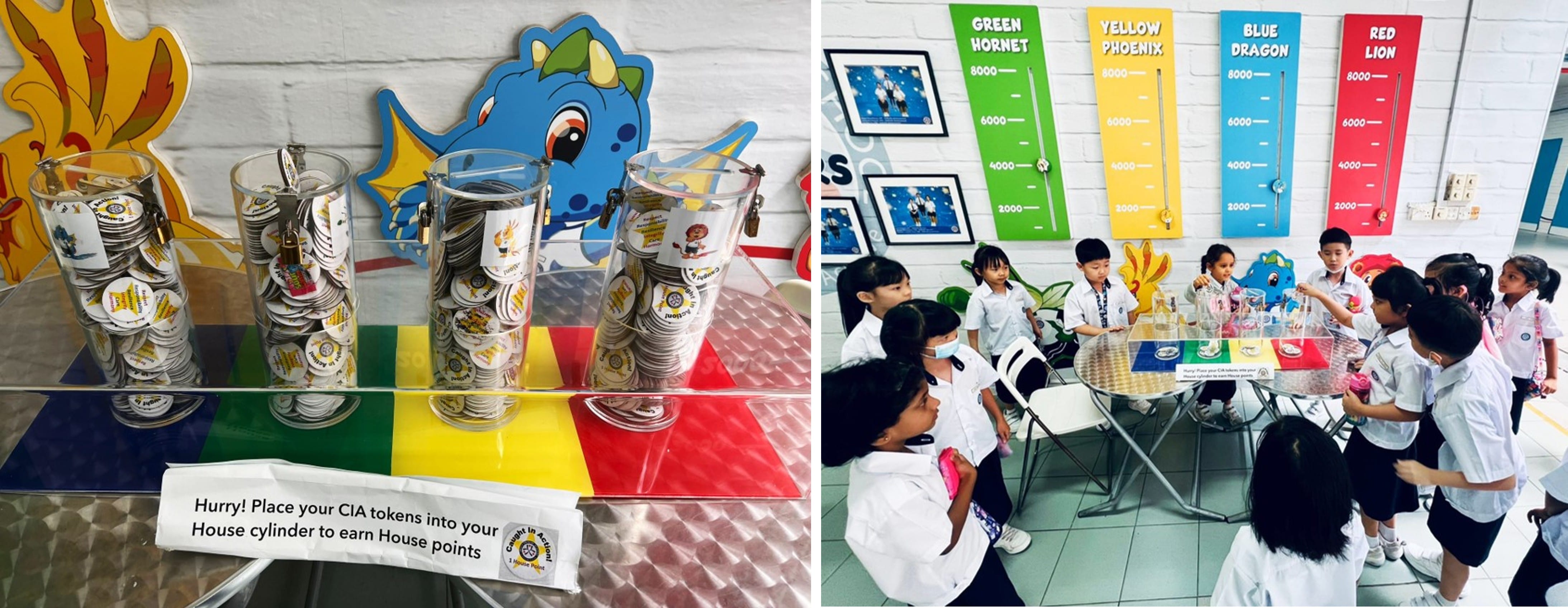 Students in uniforms collect CIA tokens into cylinders to earn house points tracked on colorful scoreboards.