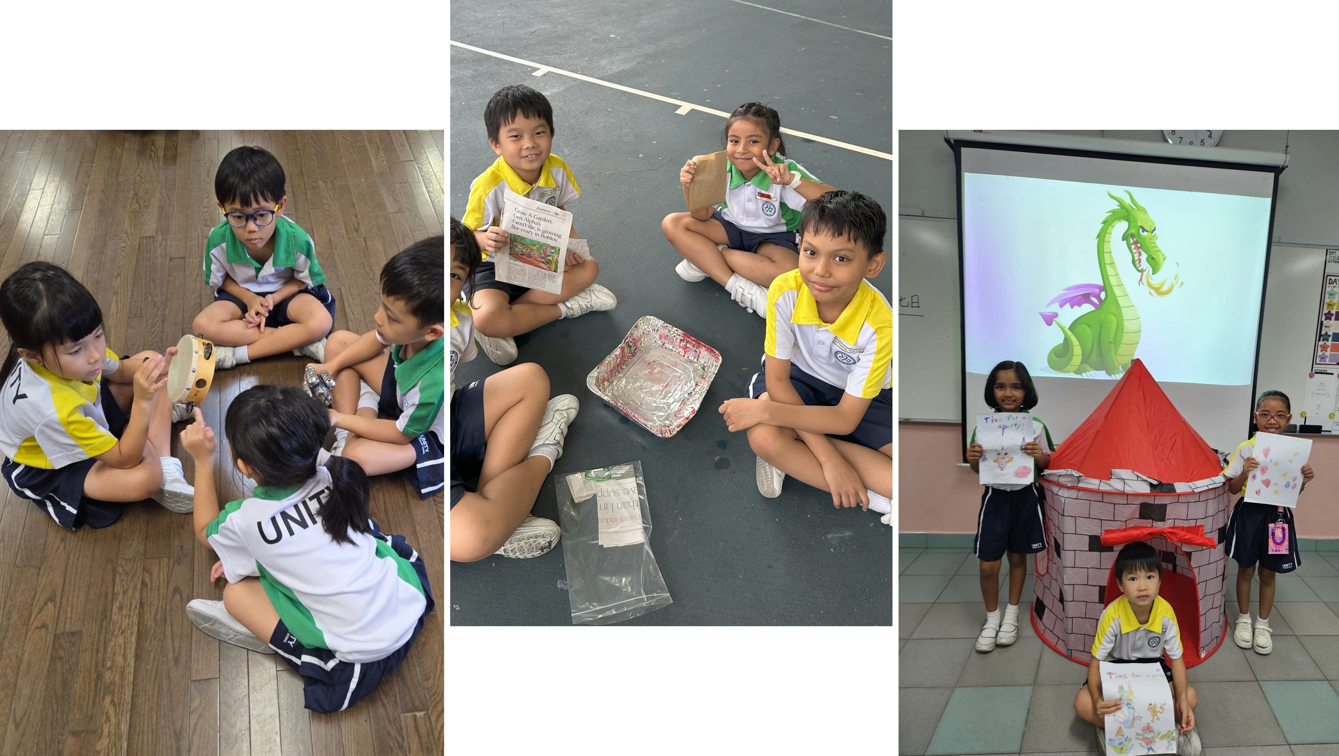 Three school activity scenes: children with a tambourine, kids with craft materials, and students near a castle tent with a dragon on screen.