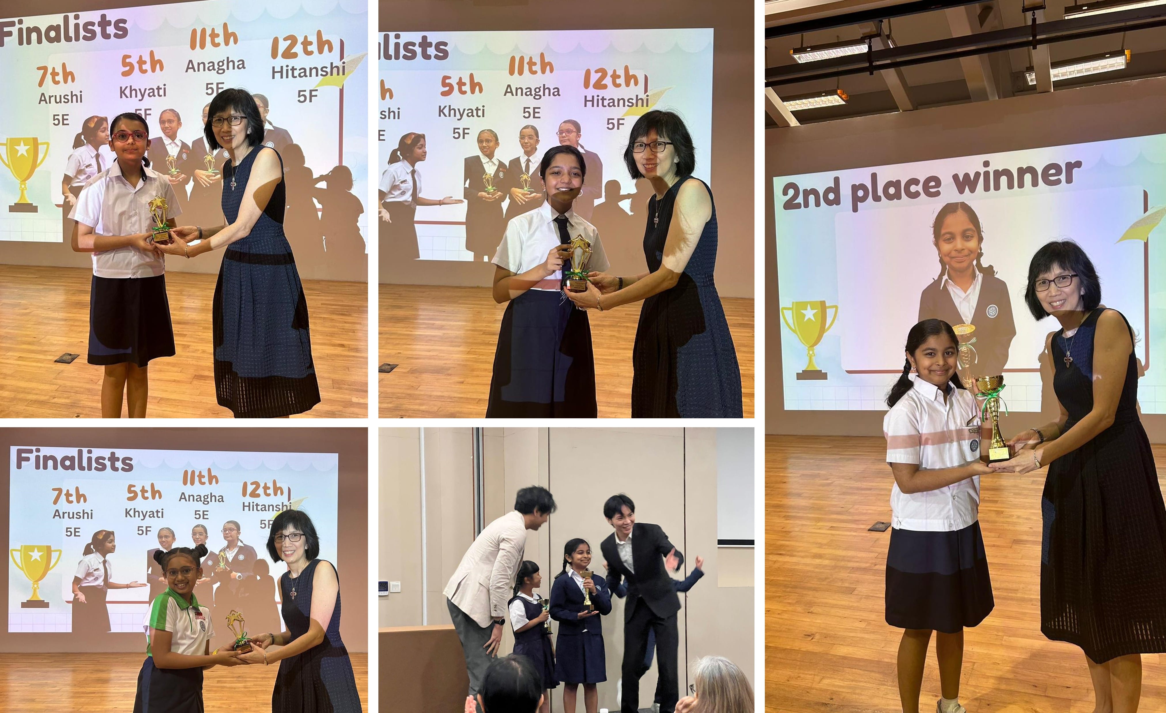 Students receive trophies from a teacher at a school competition, with finalists and 2nd place winner shown on screen.