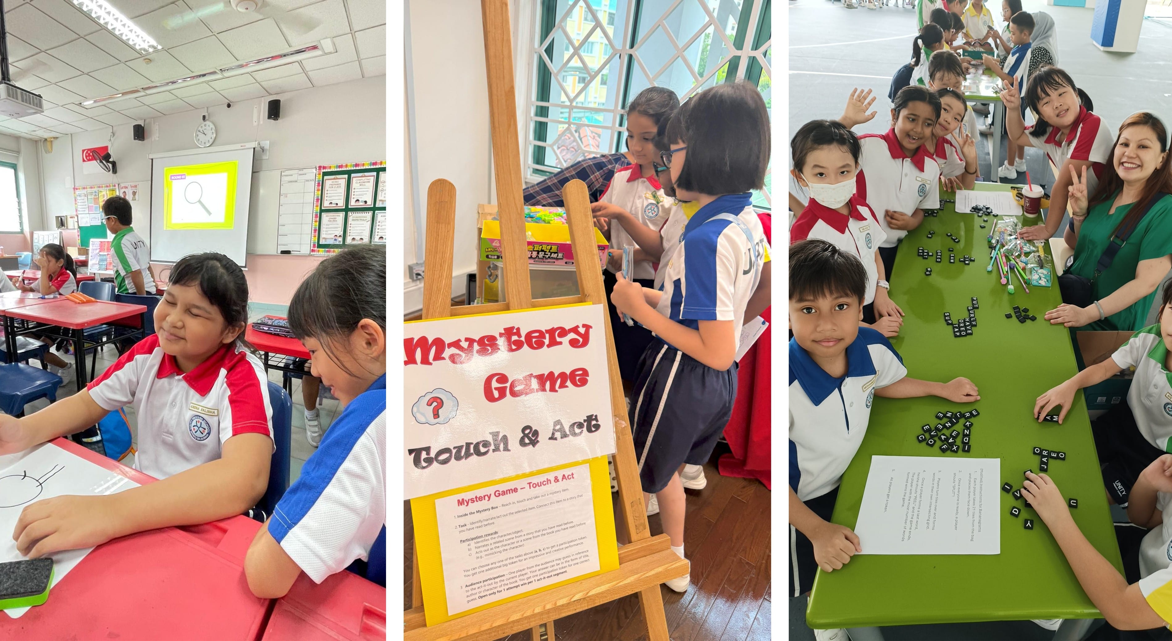 Three school activity scenes: students drawing, a Mystery Game Touch and Act sign, and children with letter tiles at a green table.