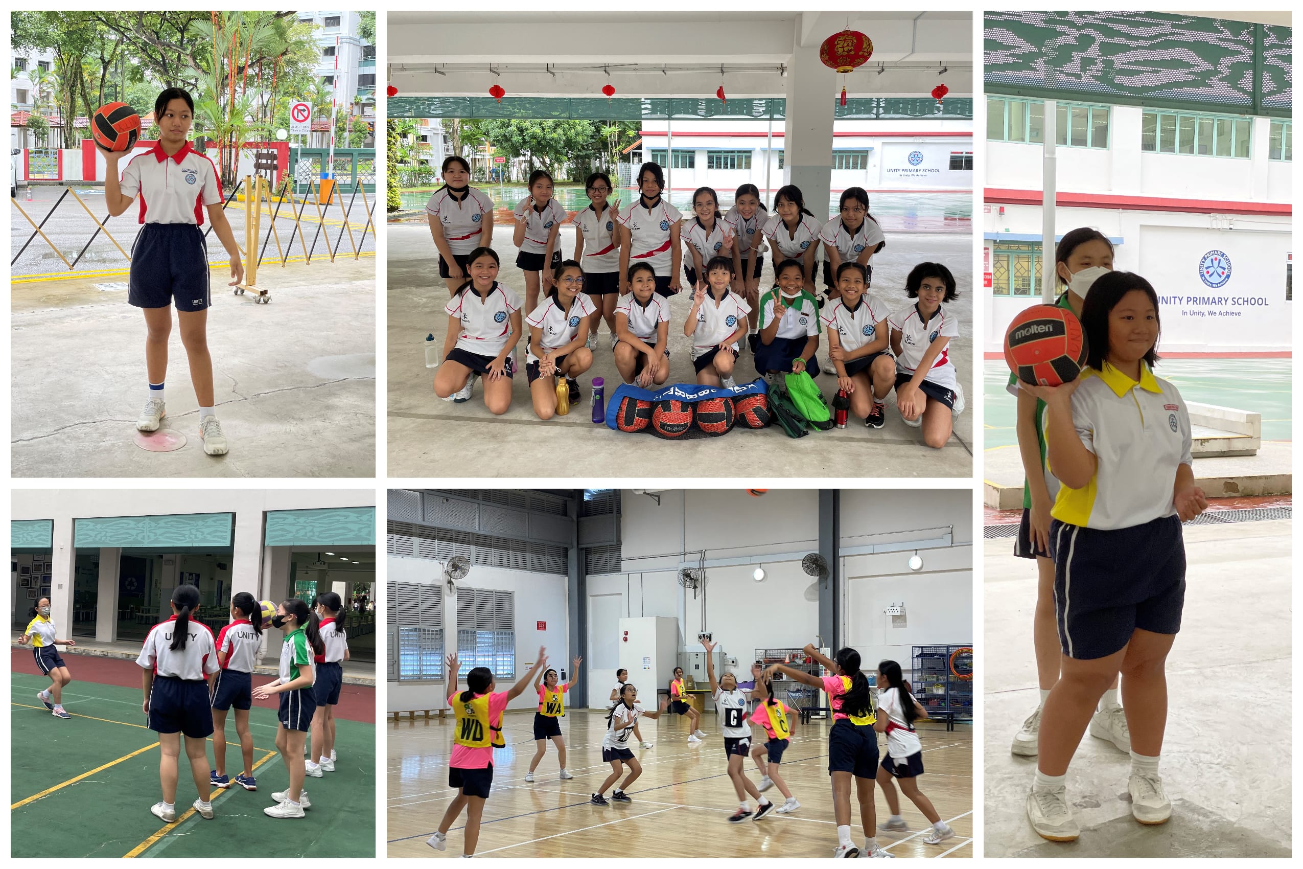 Collage of schoolgirls playing netball: posing with ball, team group photo, and action shots on court.