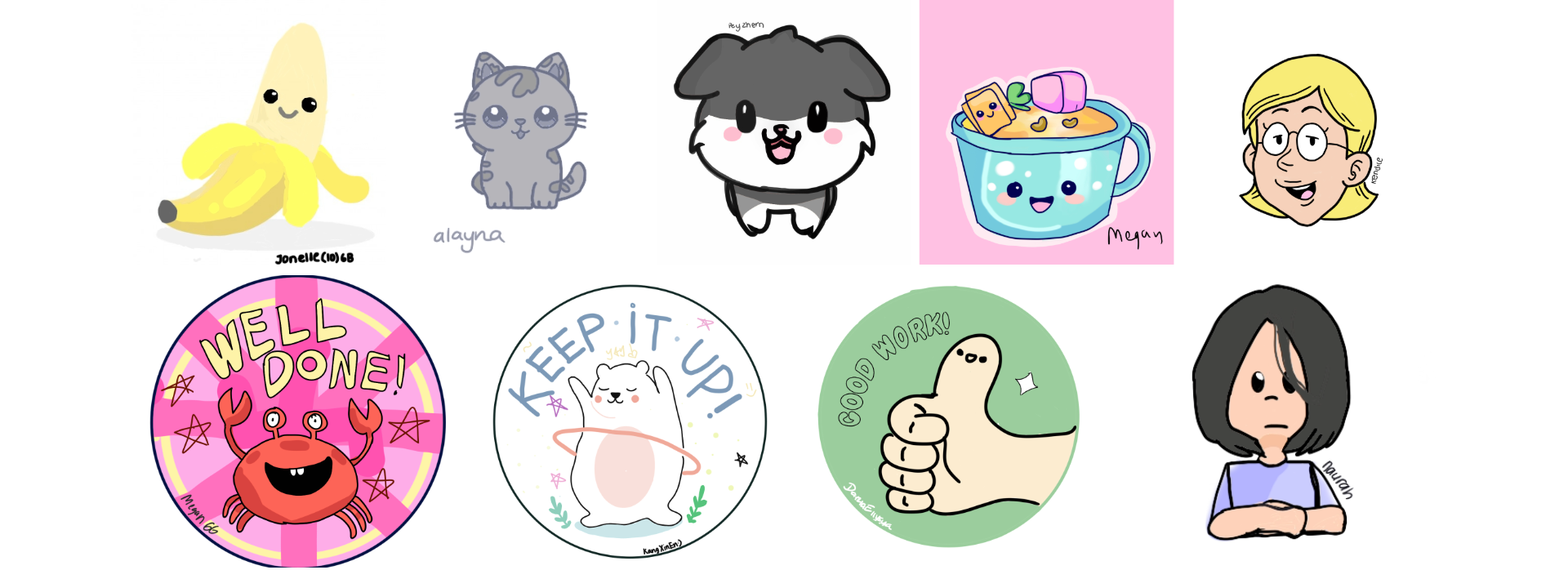 Nine cute cartoon stickers showing a banana, gray cat, fluffy dog, teacup, girl face, crab, polar bear, thumbs up, and a girl with arms crossed.