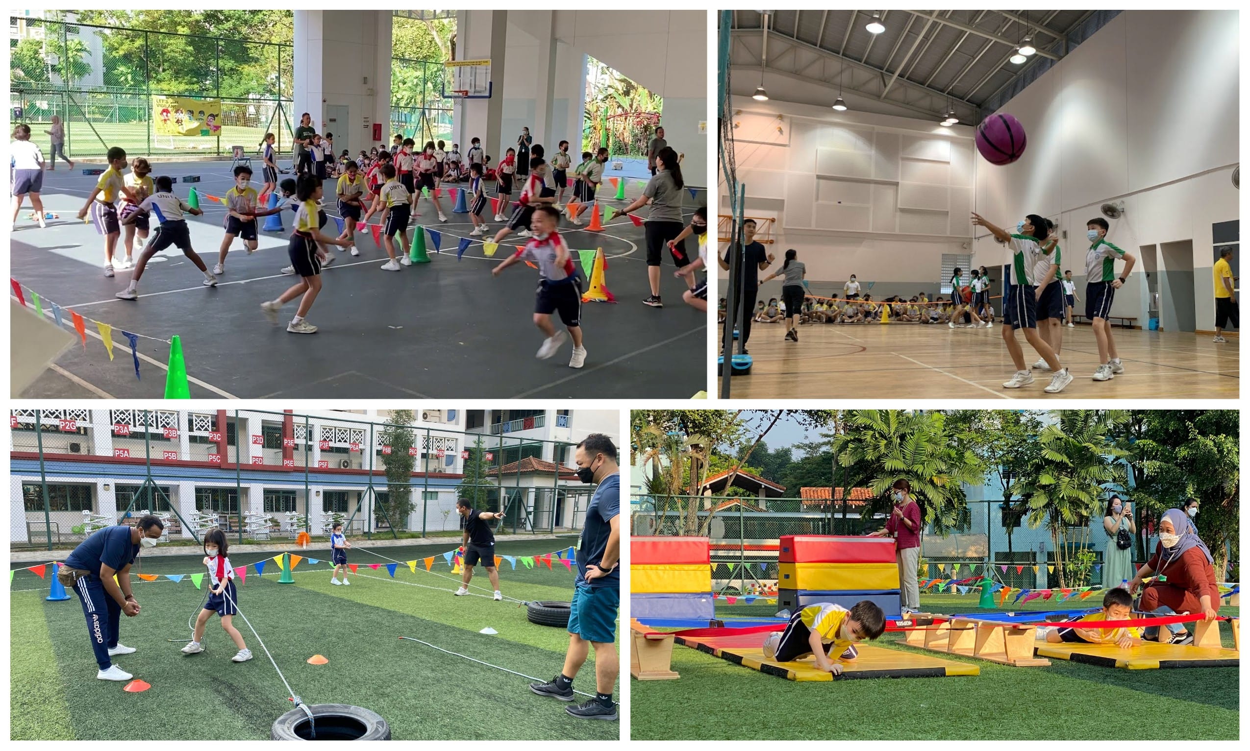 Four photos of school children doing sports activities: running drills, basketball, rope pulling, and obstacle course.