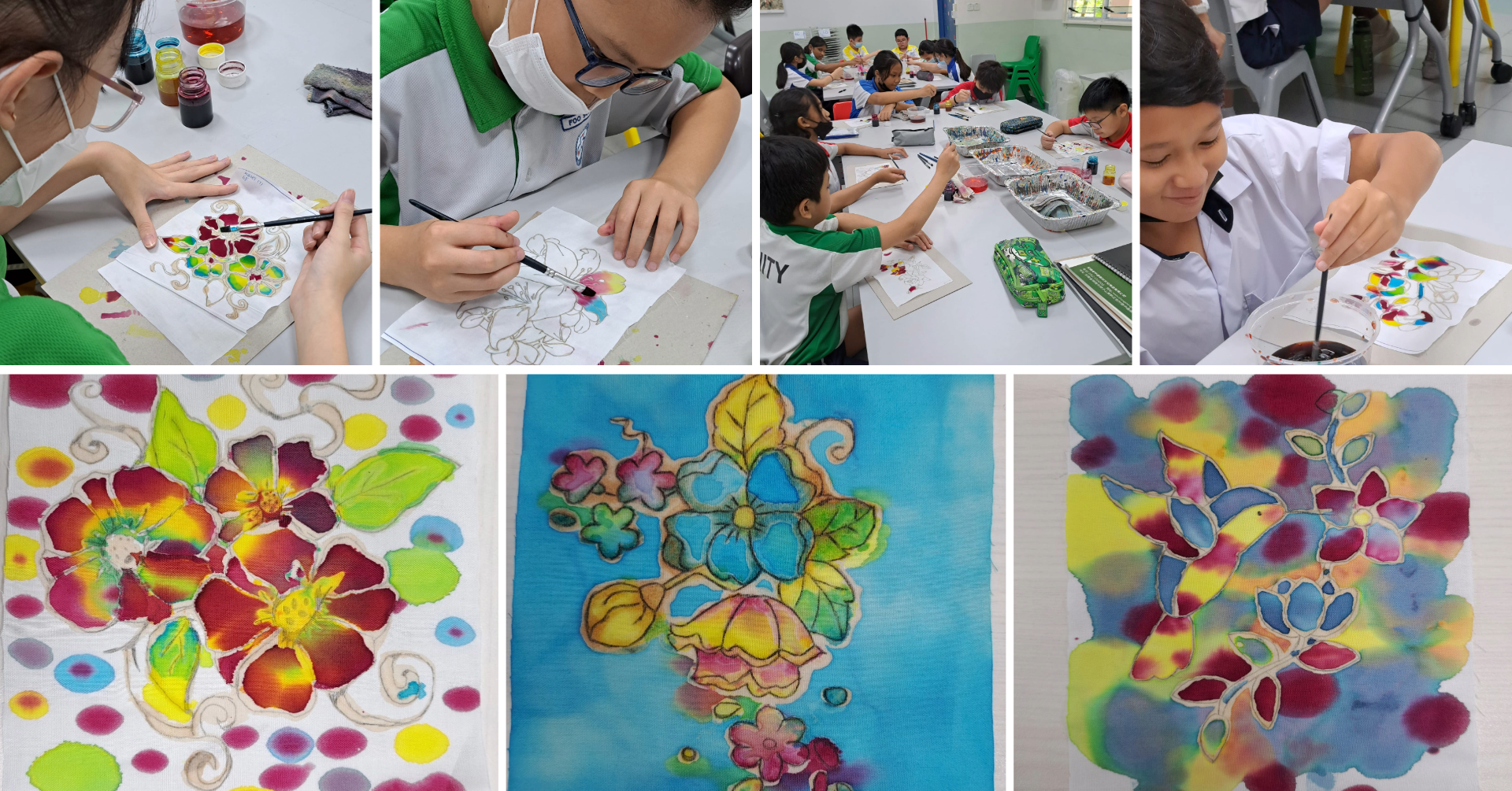Children painting colorful floral batik fabric art, with close-ups of finished vibrant flower designs on cloth.