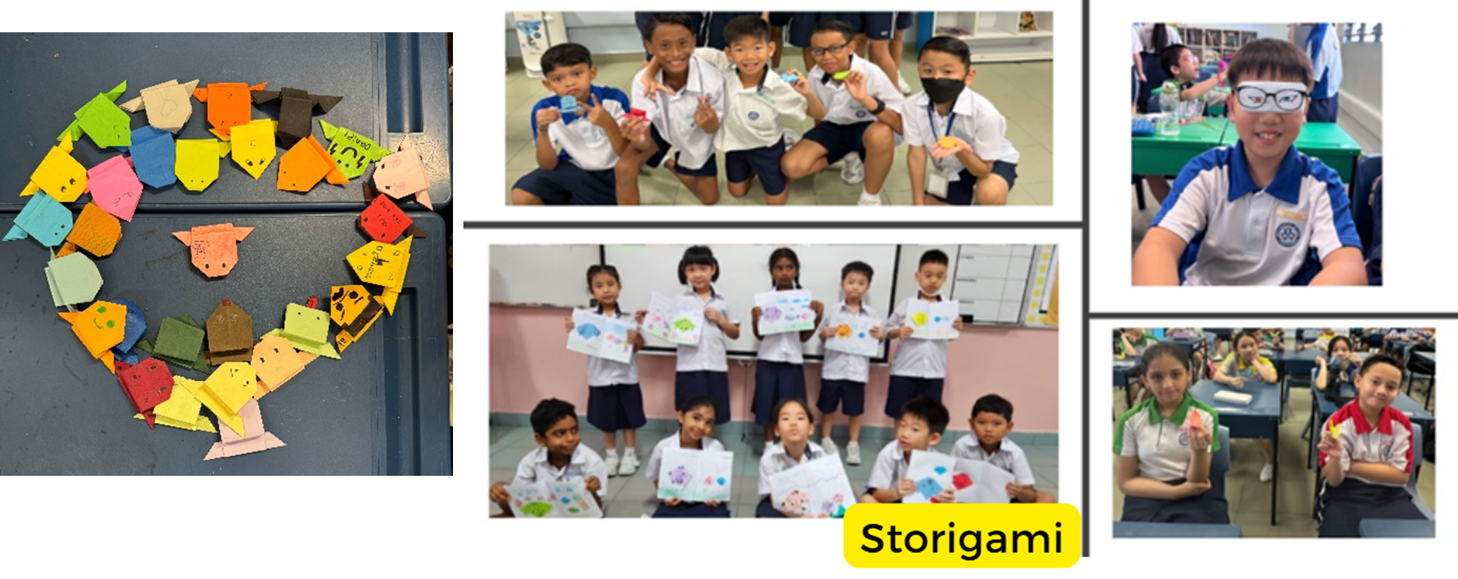 School children in uniforms display colorful origami creations and drawings in a collage labeled Storigami.