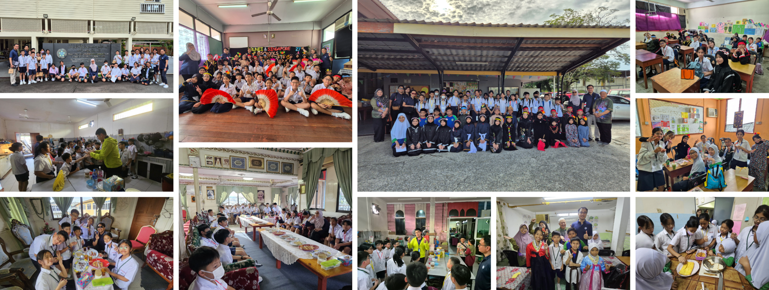 Collage of school group photos: students and teachers in uniforms, classrooms, activities, and cultural outfits.