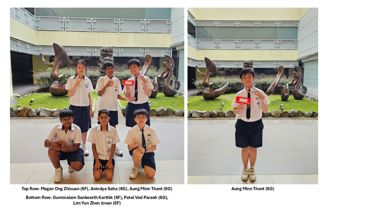 Six school students in uniforms pose outdoors near bronze sculptures, some holding red certificates and medals.