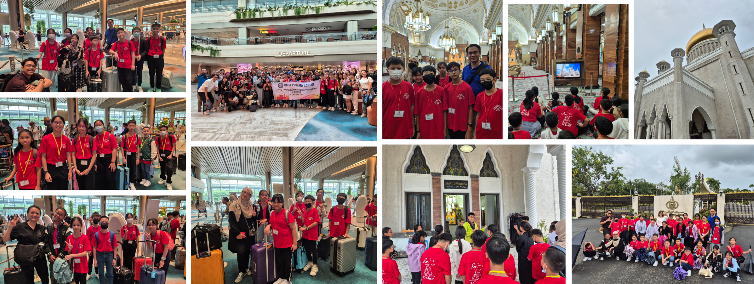 Collage of students in red shirts at an airport and visiting a mosque, with group photos and domed building views