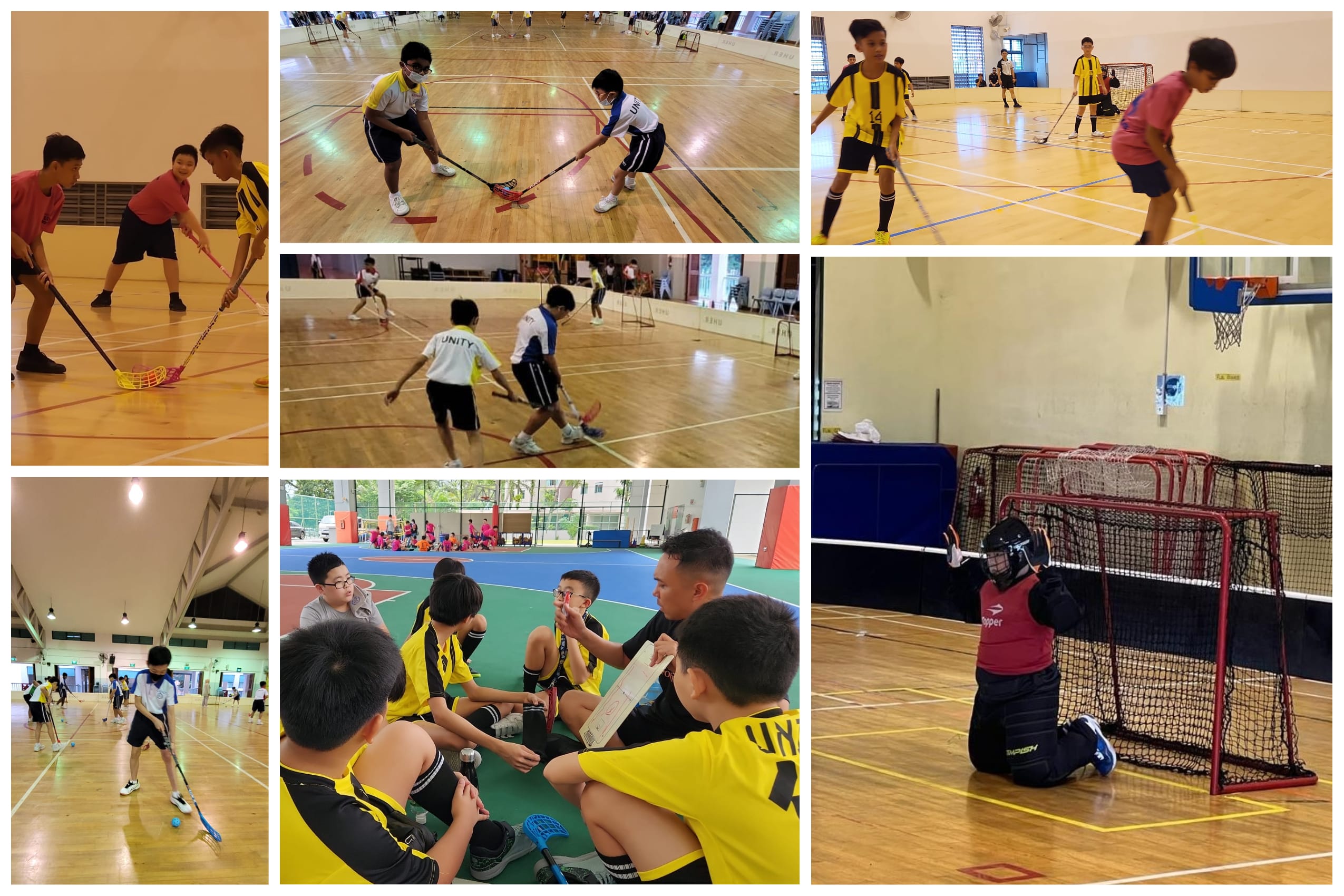 Kids playing indoor floorball, showing game action, a goalie in gear by a net, and a team huddle with a coach.