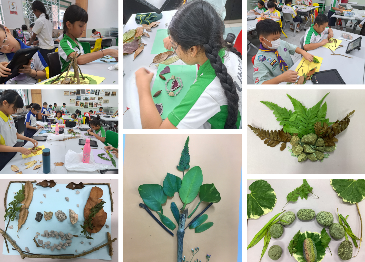 Children in green uniforms create nature art using leaves, stones, and twigs in a classroom setting.