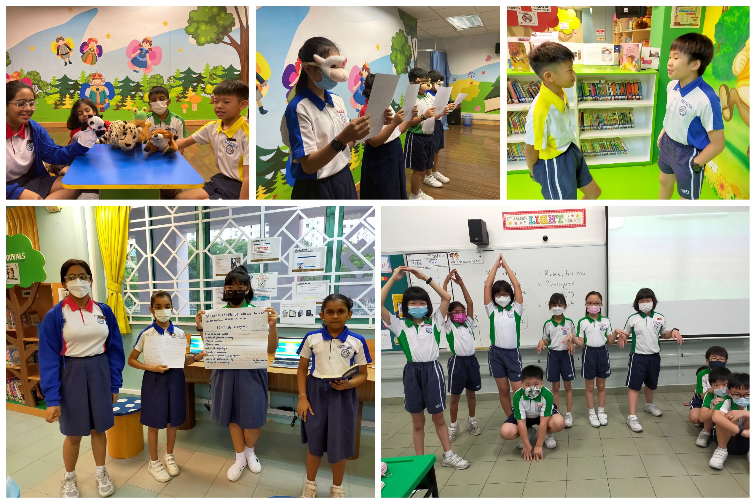 Five photos of uniformed primary school students doing activities including puppet play, reading aloud, and group presentations.