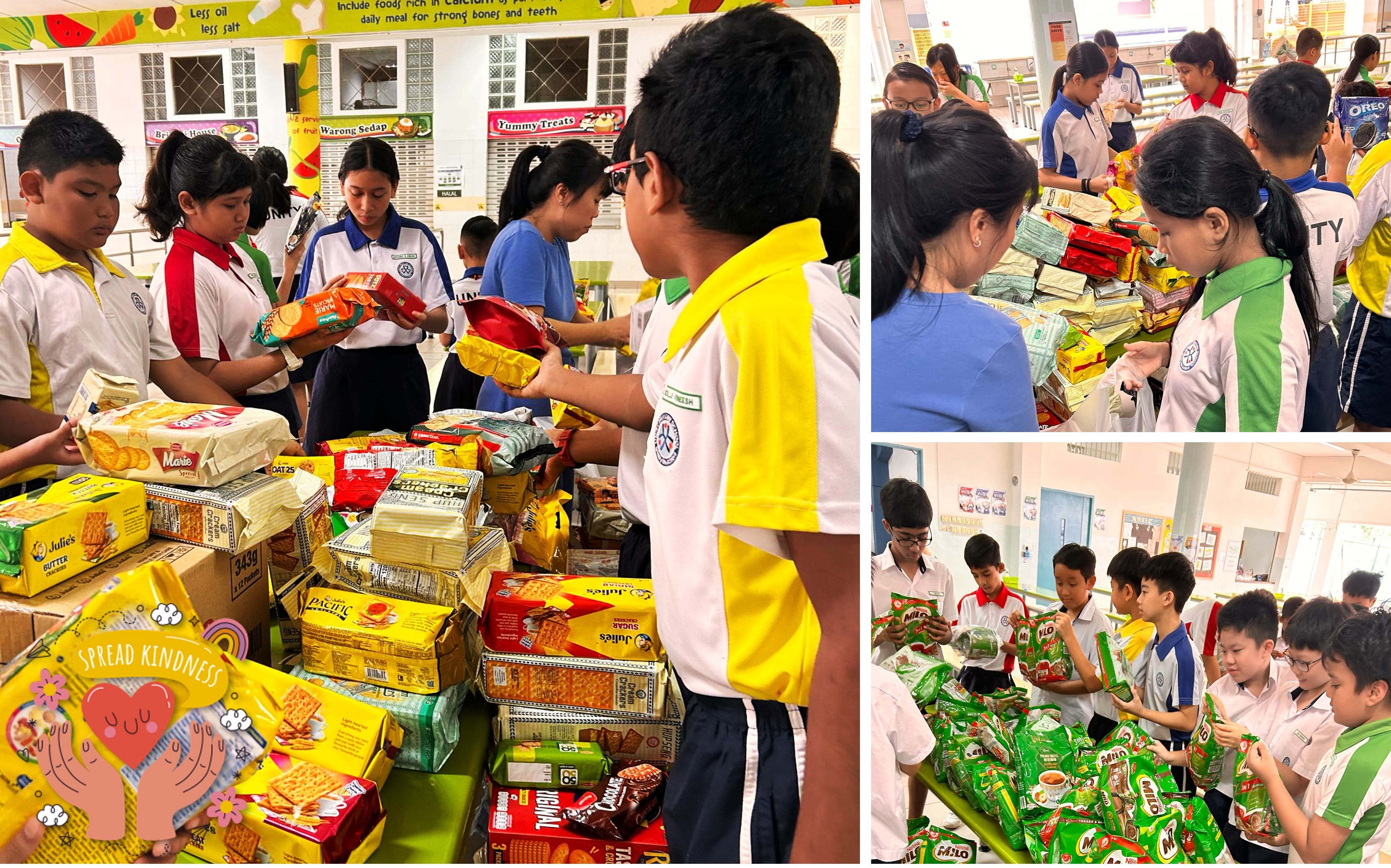 School children in uniforms sorting large piles of donated food packages including biscuits and Milo in a canteen.