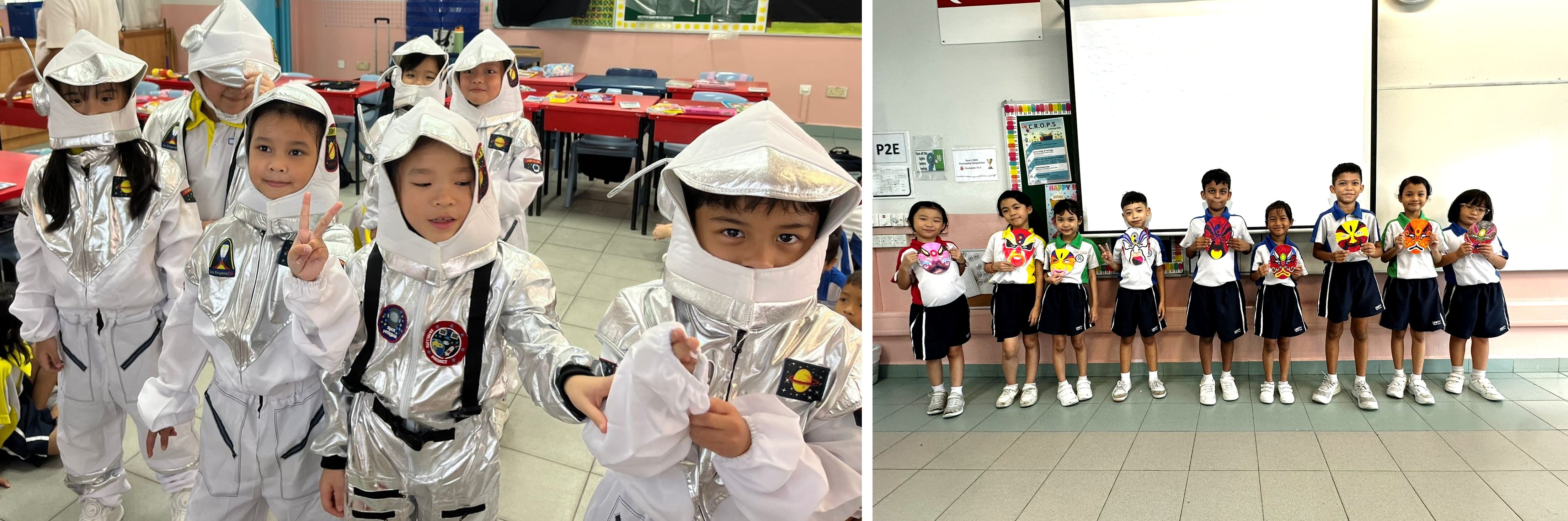 Young children in silver astronaut costumes pose in a classroom; another group holds colorful paper crafts in school uniforms.