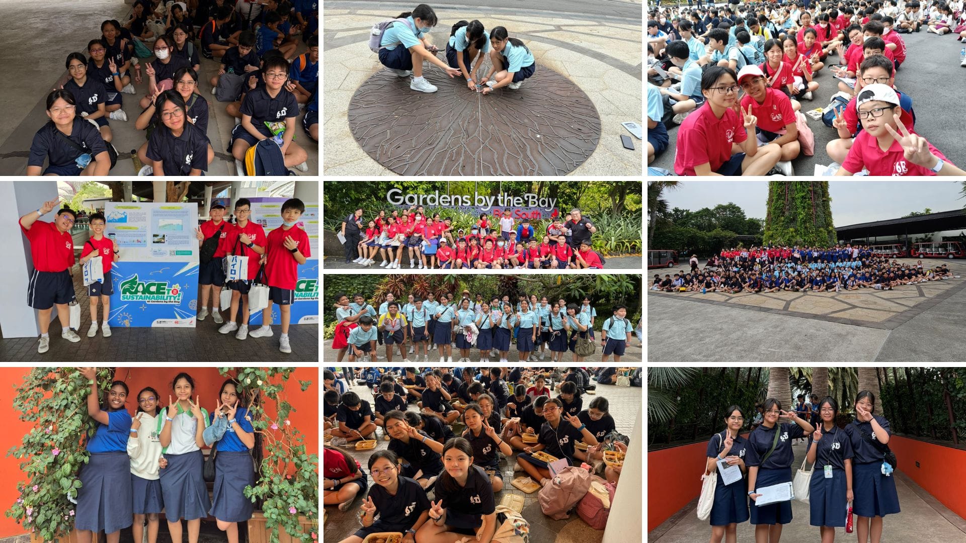 Nine photos of school students in uniforms on a field trip at Gardens by the Bay, Singapore.