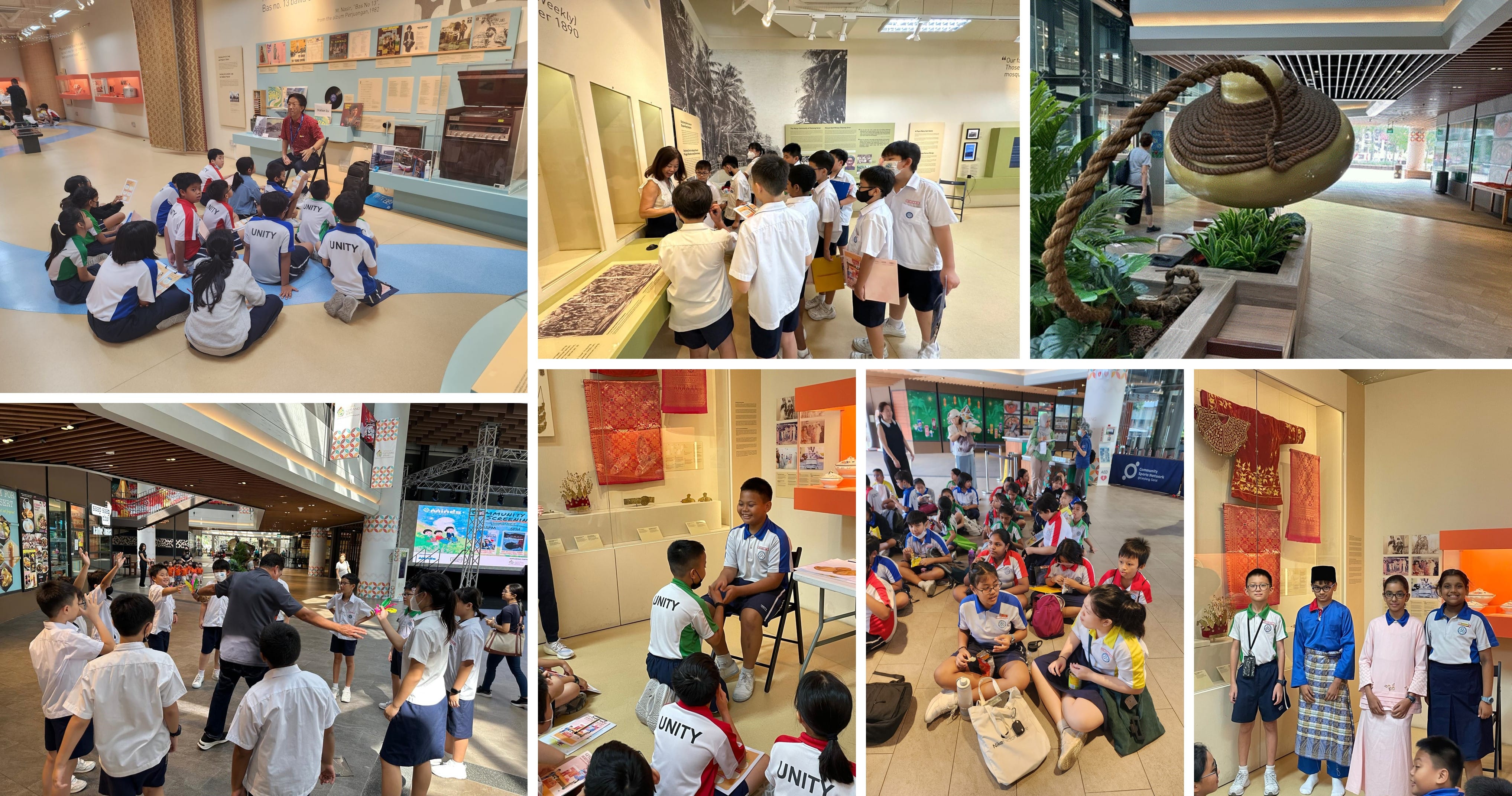 School children in uniforms explore a museum, sitting in groups, viewing exhibits, and posing in traditional costumes.