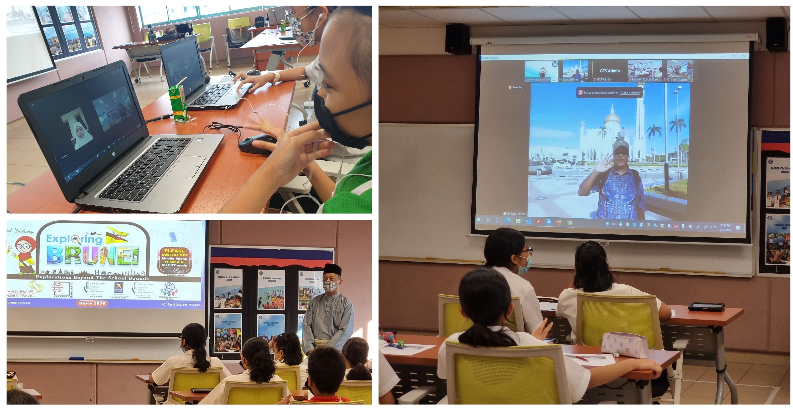 Students attend a virtual classroom session about Exploring Brunei, shown on laptops and a projected screen.