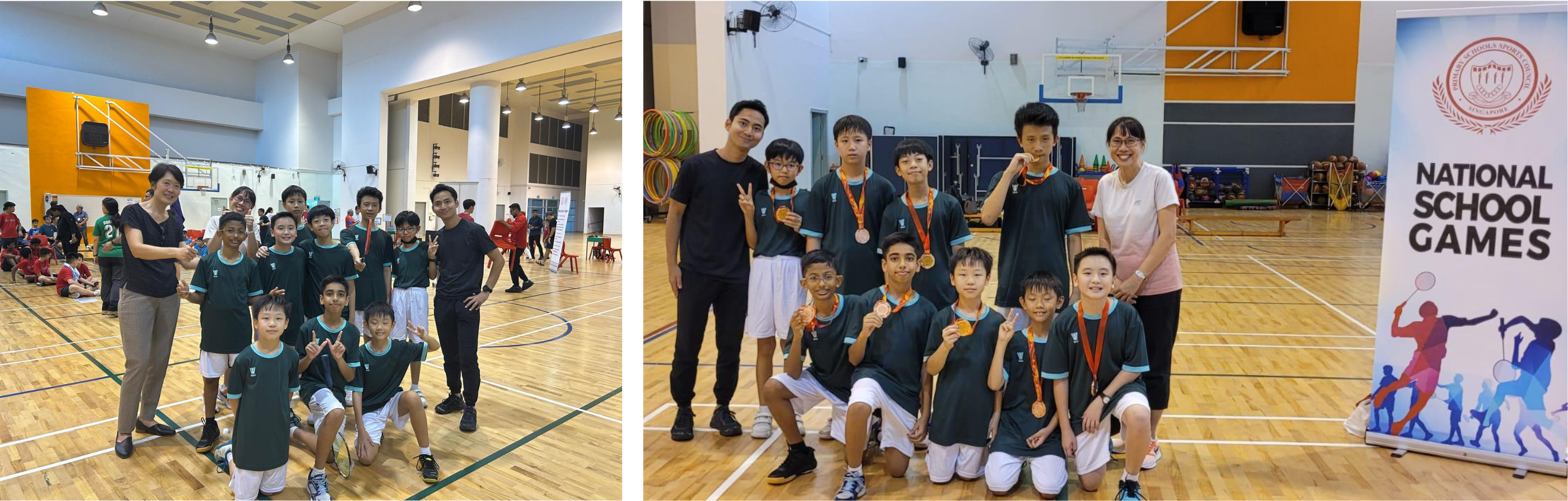 Two group photos of young boys in dark green uniforms with coaches in a gym at the National School Games.