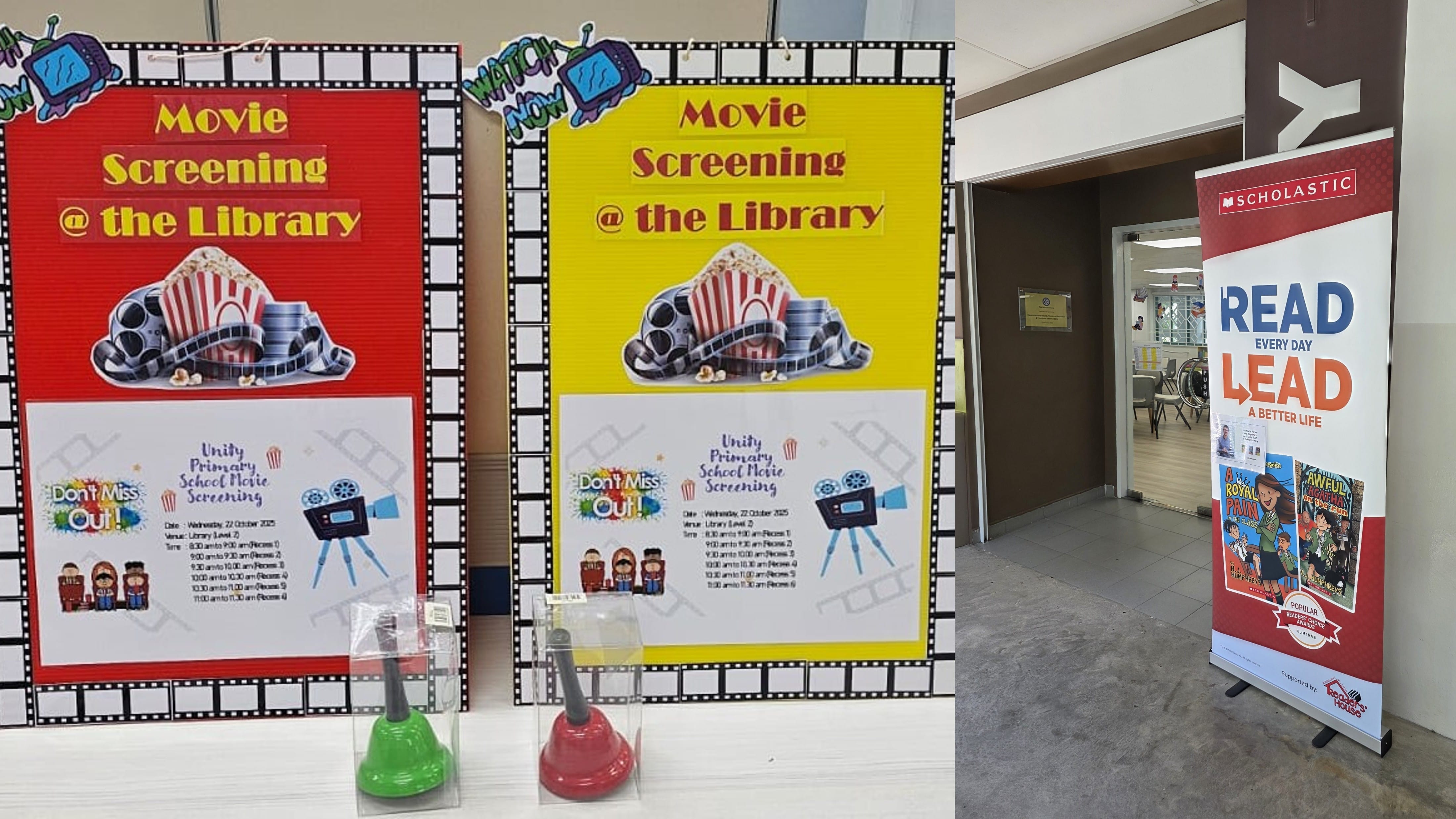 Two colorful Movie Screening at the Library posters on a board, beside a Scholastic Read Every Day Lead a Better Life banner.