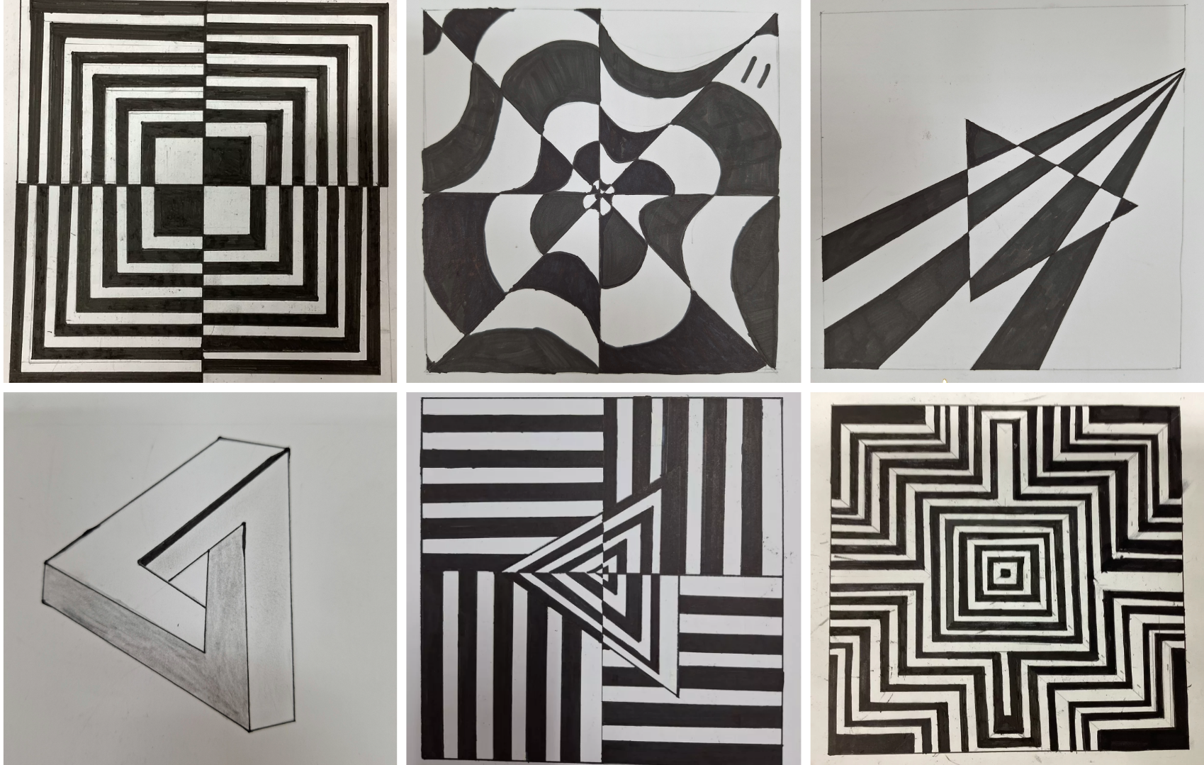 Six black and white op art drawings featuring concentric squares, curved shapes, radiating lines, an impossible triangle, stripes, and a maze pattern.