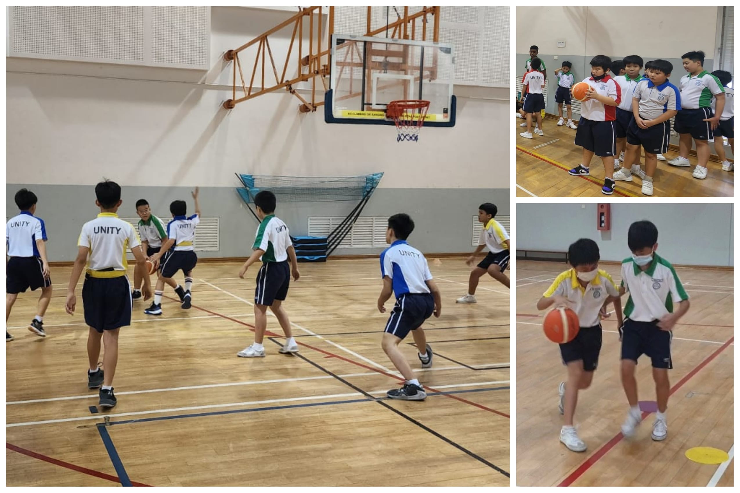 Young students in Unity uniforms playing basketball indoors, dribbling and competing under a mounted hoop.